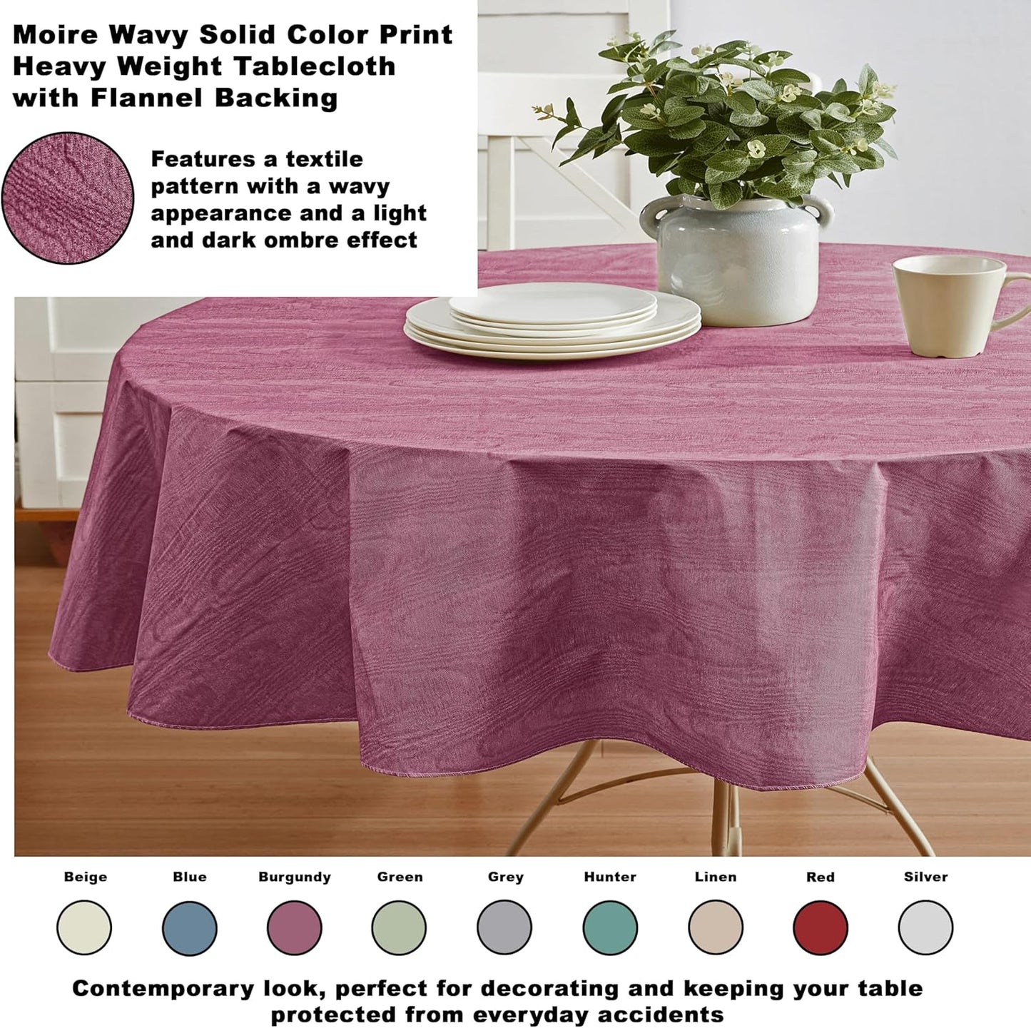Newbridge Vinyl Flannel Backed Tablecloth, 60 x 84 Inch Oval, Burgundy Moire Wavy Solid Design, Heavyweight Indoor Outdoor Waterproof Table Cover, Easy Care Wipe Clean