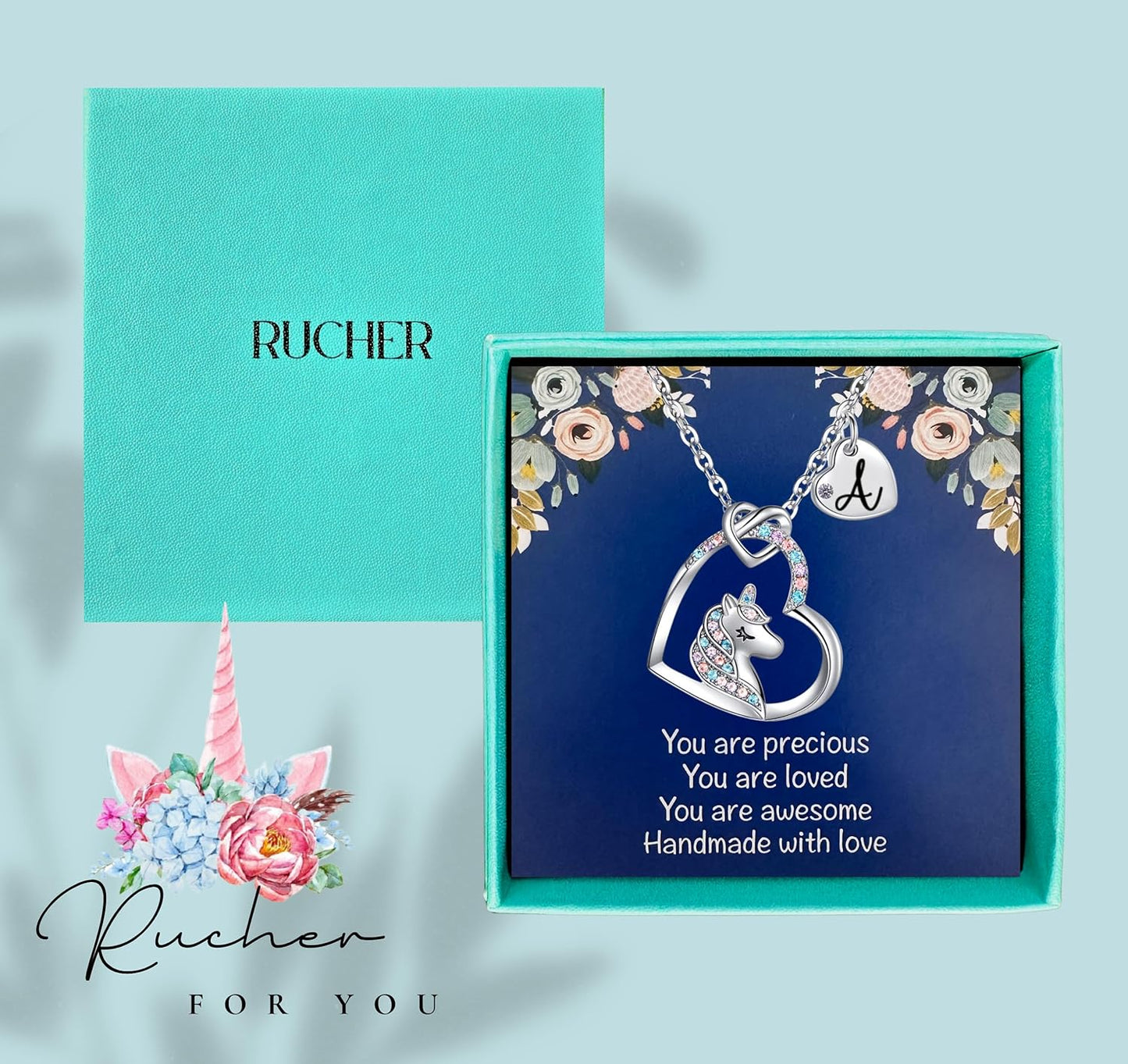 Unicorn Necklace for Girls Kids with Personalized Initial Heart Pendant, 18K Gold Fashion Jewelry for Girls, Colorful Heart Necklace for Birthday Gifts.