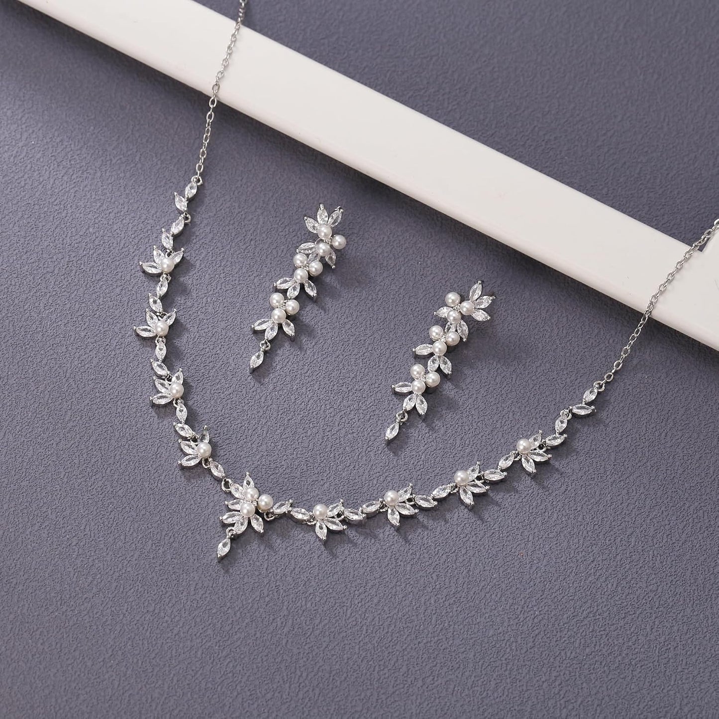 EleQueen Women's Simulated Pearl Wedding Jewelry Set, Cubic Zirconia Marquise Floral Bridal Necklace Earrings Bracelet Sets