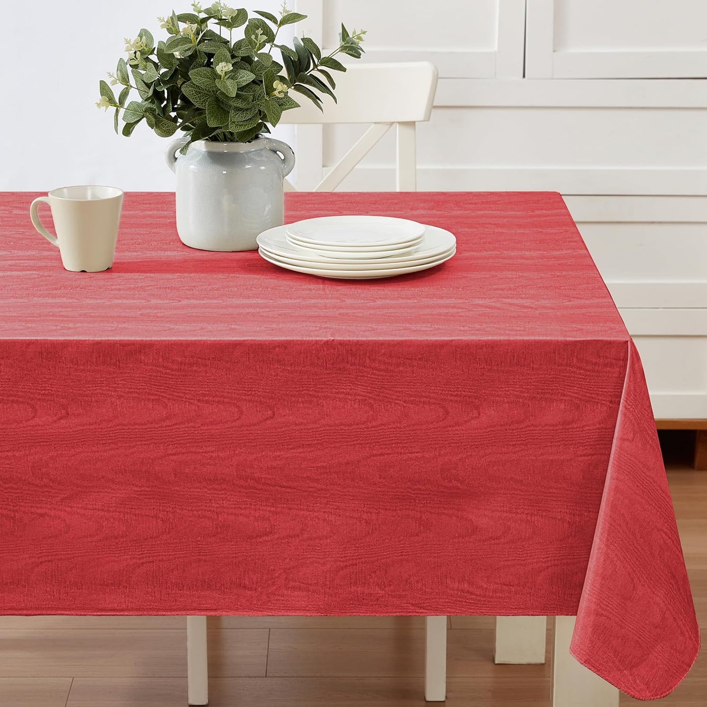 Newbridge Vinyl Flannel Backed Tablecloth, 60 x 102 Inch Rectangle, Red Moire Wavy Solid Design, Heavyweight Indoor Outdoor Waterproof Table Cover, Easy Care Wipe Clean