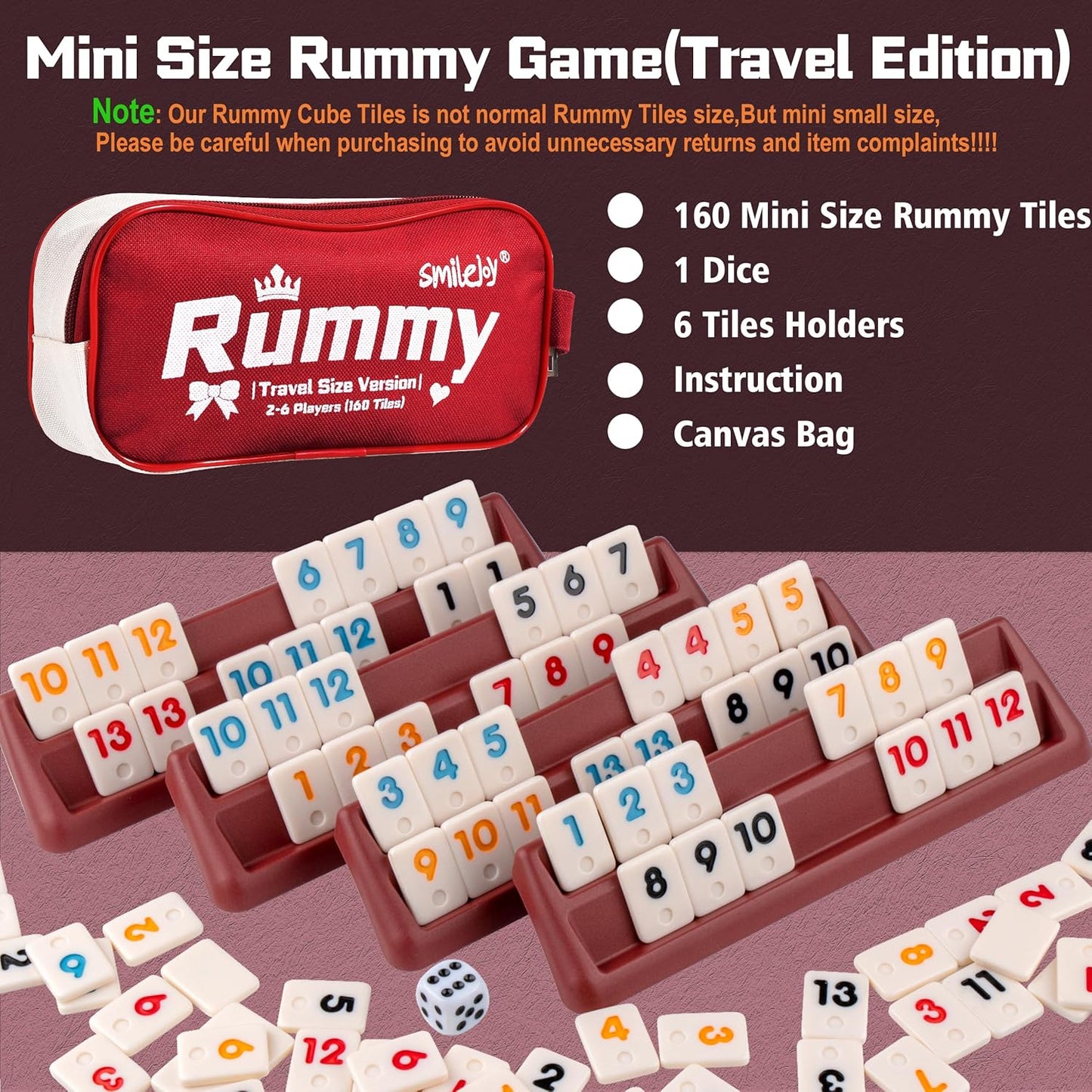 Smilejoy Mini Rummy Cube Six Player Edition, Travel Rummy Game Set with Portable Canvas Bag,Classic Board Game for Adults and Kids |160 Tiles|6 Playing Racks|1 Dice (2-6 Player)