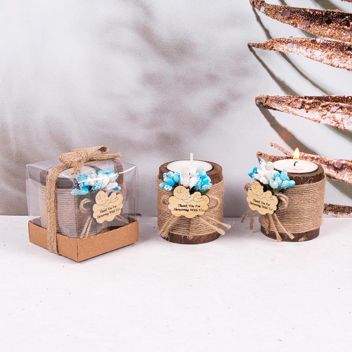 HTF Pack of 10 Baby Shower Decorations Wood Tealight Candle Holder, Babyshower Gifts, Gender Reveal Favors, Baby Shower Favors Wood Candle Holders (BS-Blue, Dark Brown)