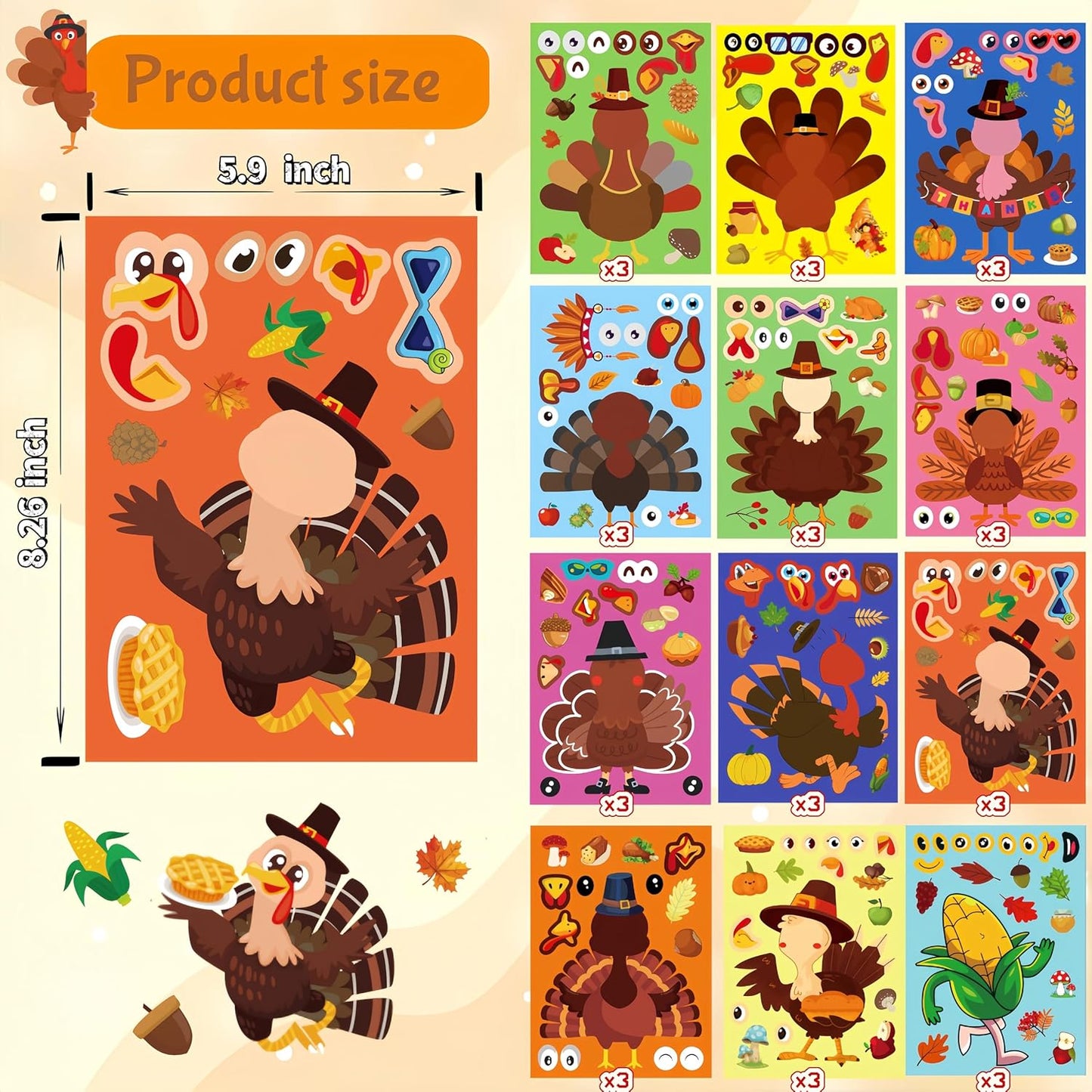 36 Sheets Large Size Thanksgiving Make-A-Turkey Stickers,DIY Turkey Stickers,Turkey Crafts for Kids,Turkey Games for Family,Party Decorations Gifts Activities