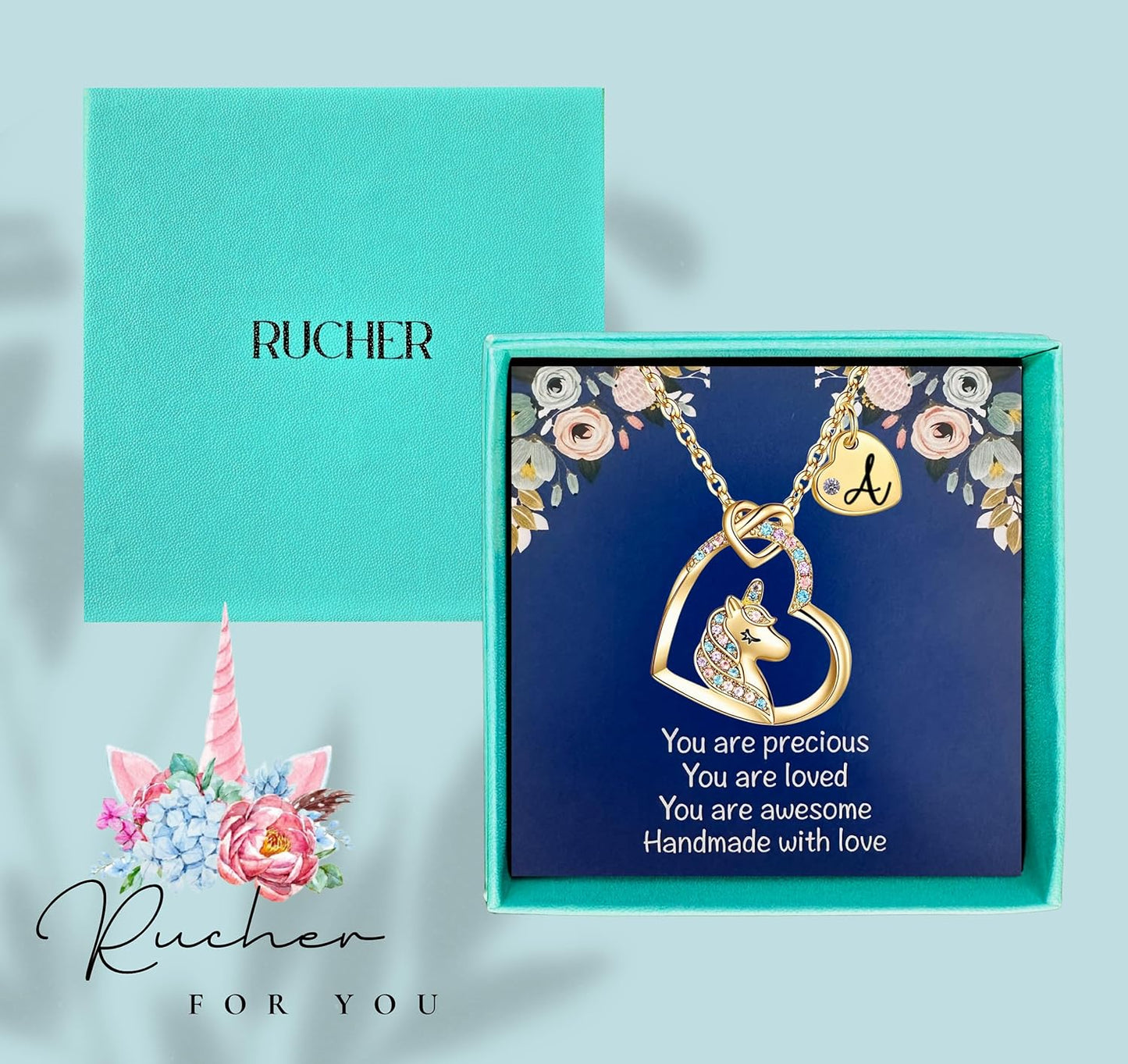 Unicorn Necklace for Girls Kids with Personalized Initial Heart Pendant, 18K Gold Fashion Jewelry for Girls, Colorful Heart Necklace for Birthday Gifts.