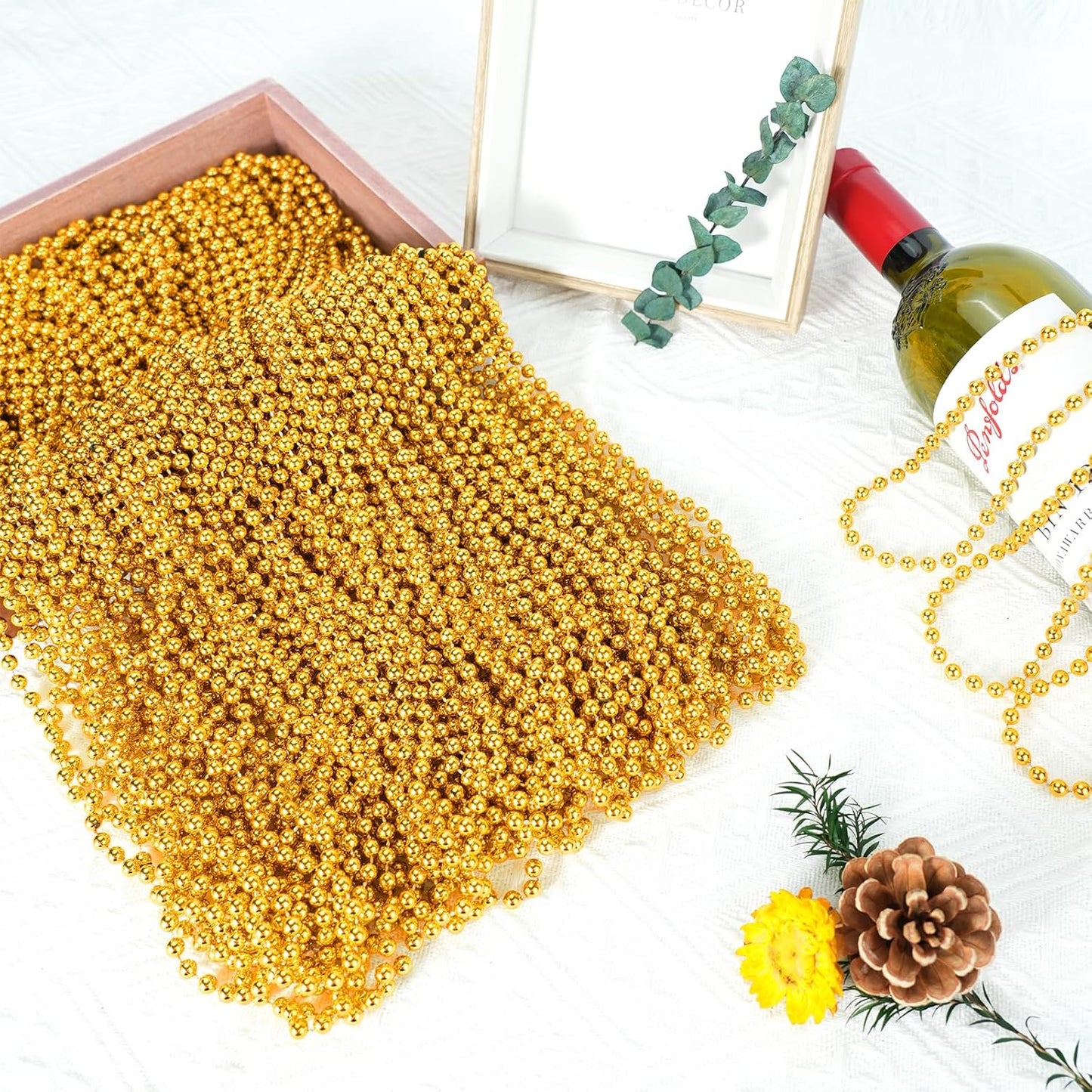 SHAOQINLIN 50 PCS Gold Bead Necklace, Gold Mardi Gras Christmas Beads Necklaces 33" Metallic Beaded Costume Necklaces Party Necklaces for Mardi Gras Parade Throws Wedding Birthday Pirate Party Favors