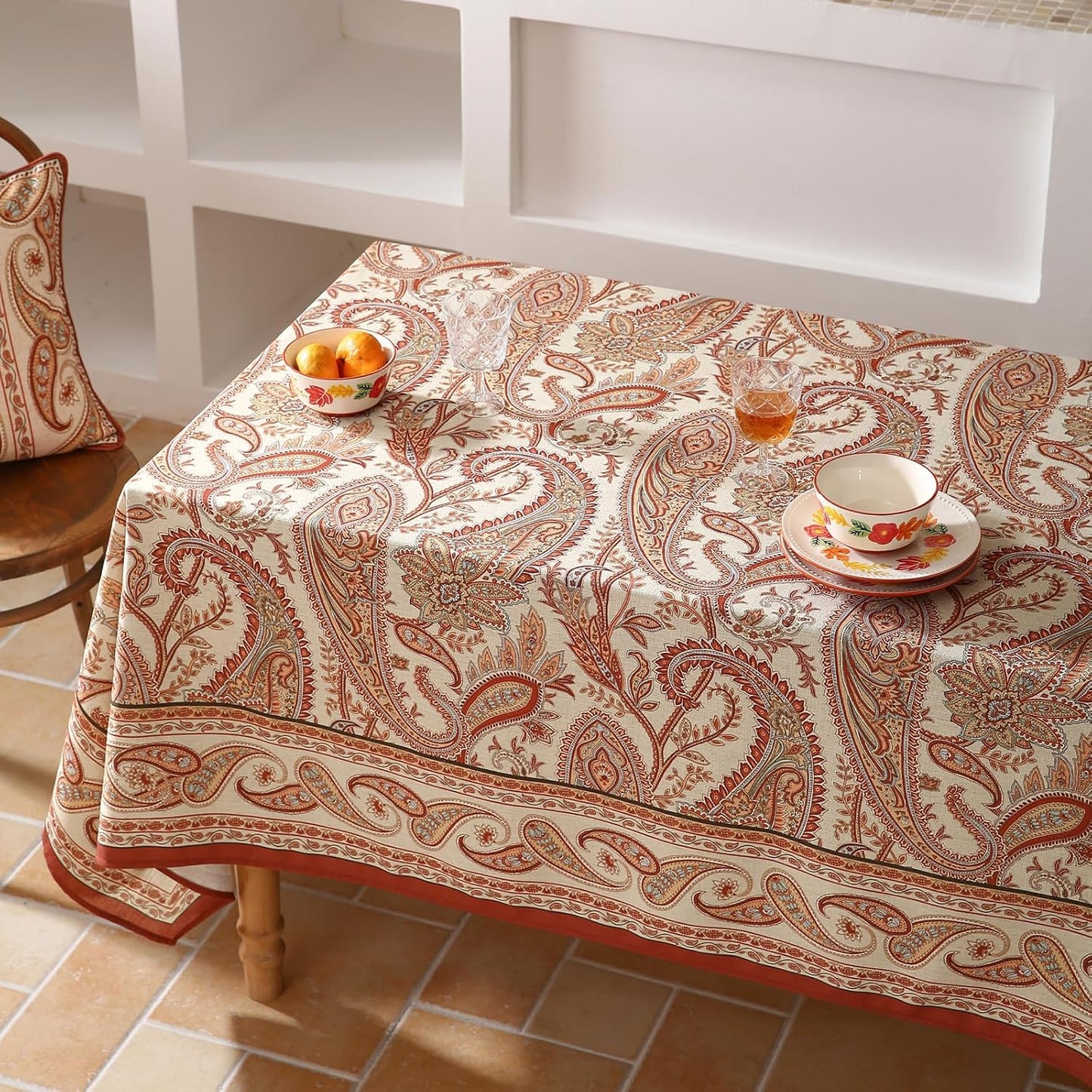 ISAENNE Designer French Red Long Tablecloth Rectangle,Linen Table Cloth with Cashew Pattern,Stain Proof Decor Tablecloths for Dining Thanksgiving Kitchen Christmas,63"*94"-Chauffrey D