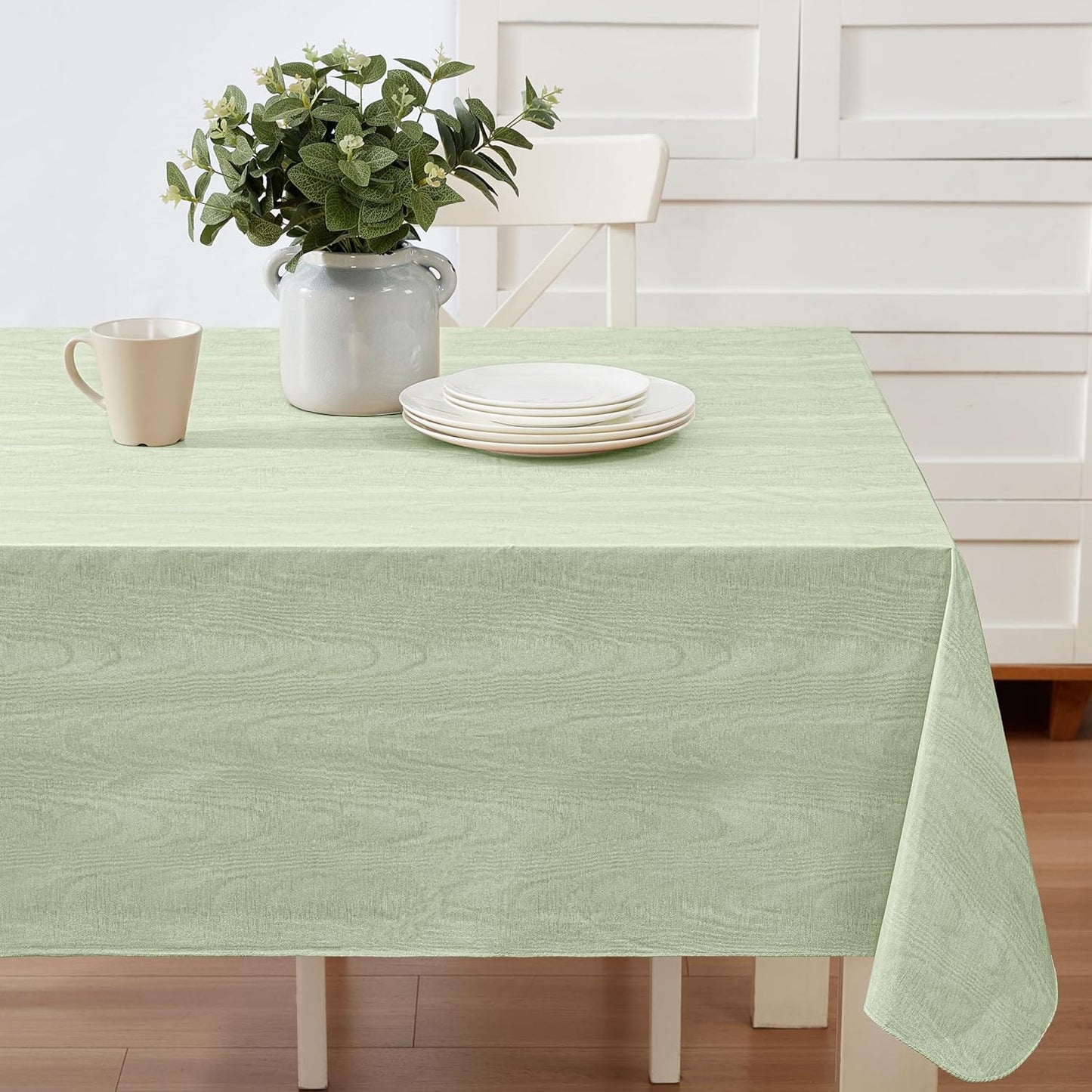Newbridge Vinyl Flannel Backed Tablecloth, 60 x 84 Inch Rectangle, Sage Green Moire Wavy Solid Design, Heavyweight Indoor Outdoor Waterproof Table Cover, Easy Care Wipe Clean