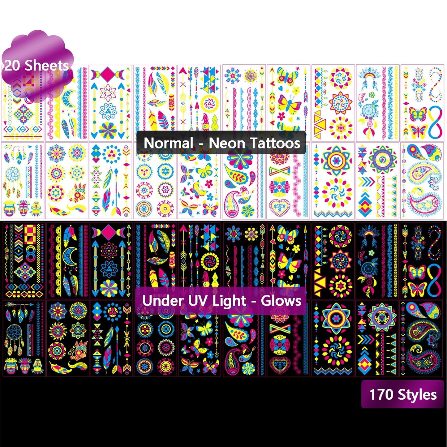 Glow in The Dark Tattoos 170 PCS Neon UV Black Light Reactive Temporary Tattoos Glow Party Supplies Decorations Stickers for Adult Teens Kids