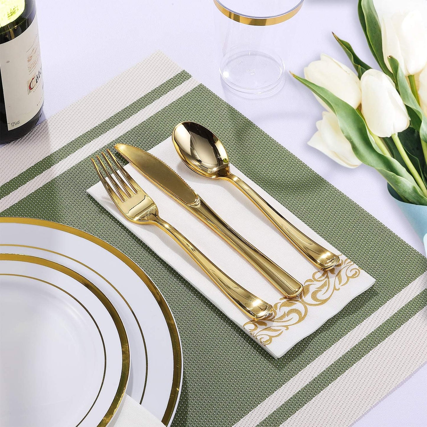 FOCUSLINE 175 Count Gold Dinnerware Set for 25 Guests - Gold Rimmed White Disposable Plastic Plates Heavy Duty, Includes 25 Dinner & Salad Plates, Cups, Cutlery Set for Wedding Parties