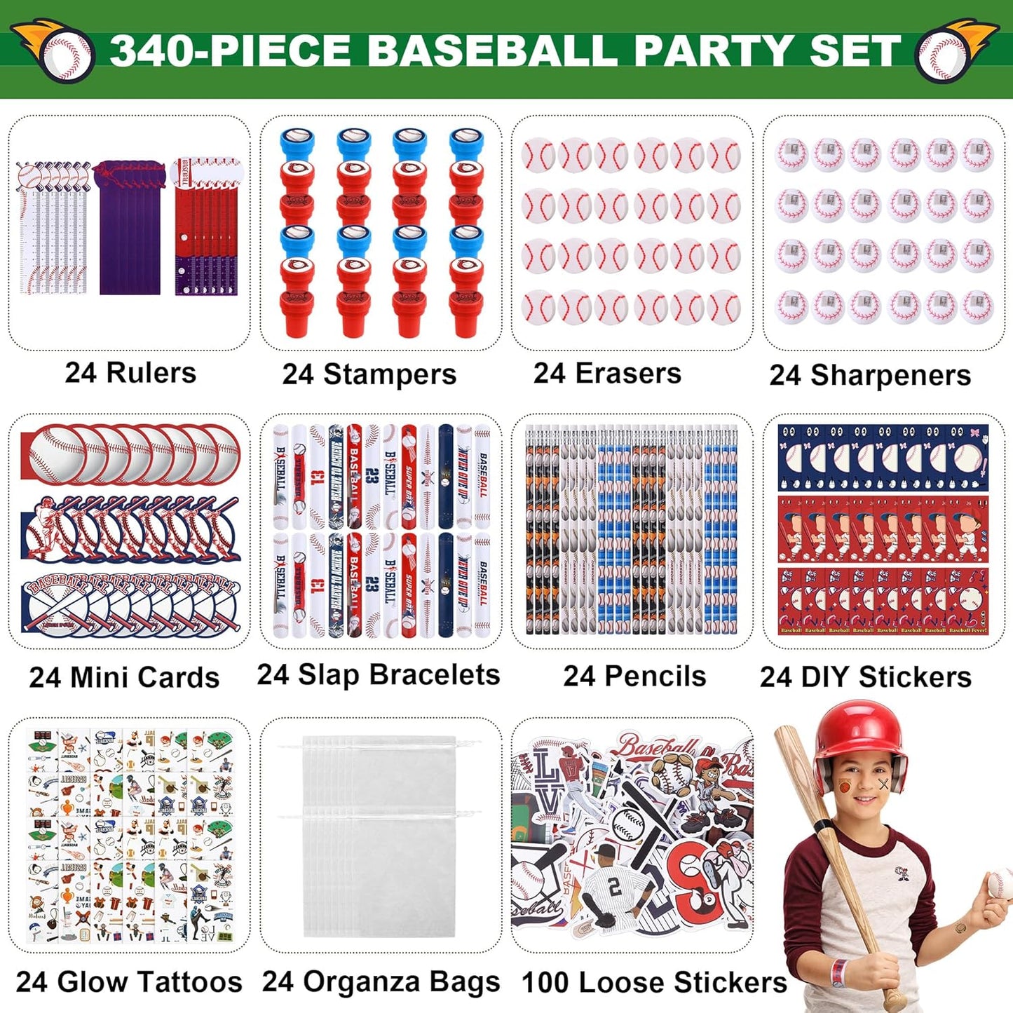 Aneco 340 Piece Baseball Party Favor Set Baseball Goodie Bag Stuffers Mini Card Pencil Sharpener Eraser Stamp Slap Bracelet Sticker School Stationery Bulk for Sport Party Team Game Prize Birthday Gift