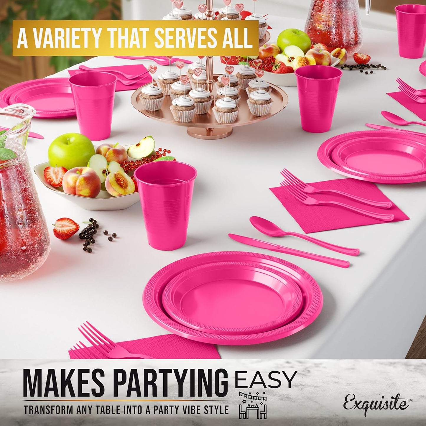 350 Pcs Cerise Plastic Plates For Party, Cerise Disposable Plates Set, 50 Of Each 9" Dinner Plate Set, 7" Dessert Plate, Cups, Napkins & Cutlery Plastic Dinnerware Exquisite