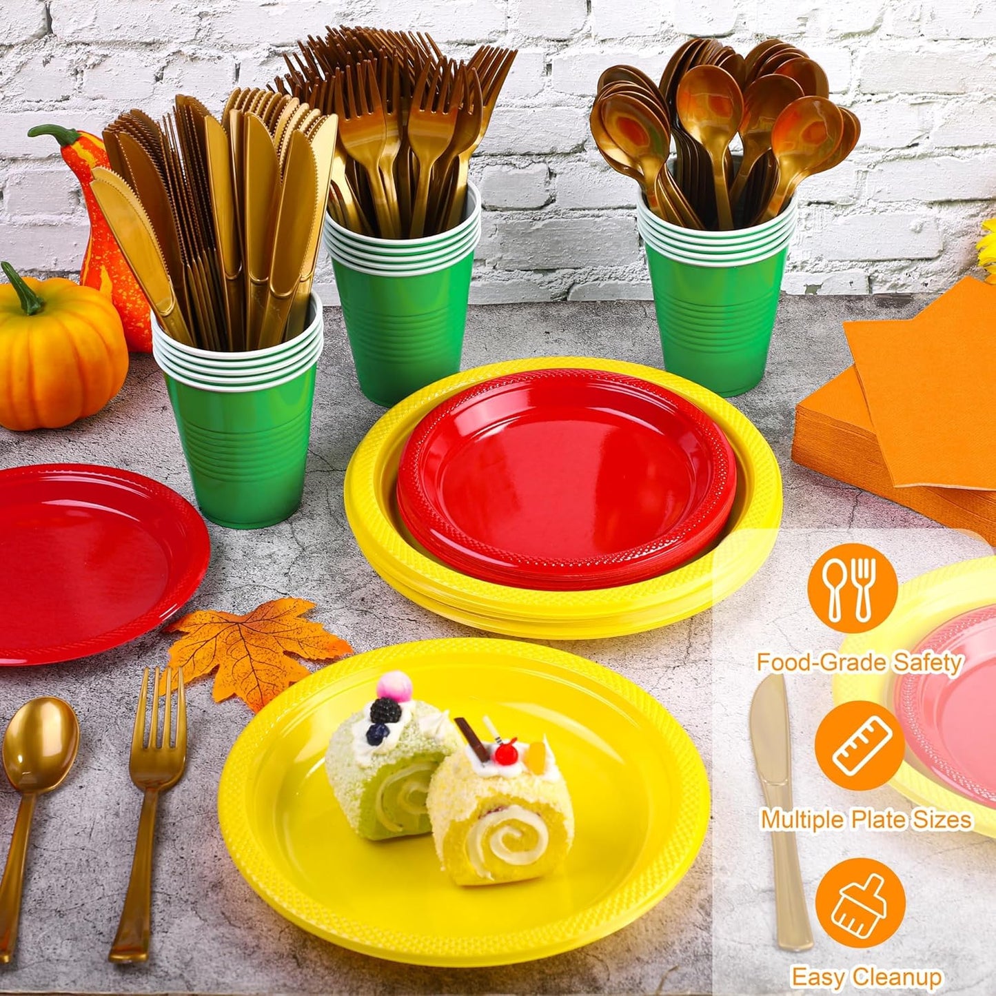 Aodaer 400 Pieces Fall Thanksgiving Party Supplies Disposable Autumn Dinnerware Set Include Plastic Dinner Dessert Plates Cups Cutlery Paper Napkins for Fall Harvest Thanksgiving Party, Serve 50 Guest