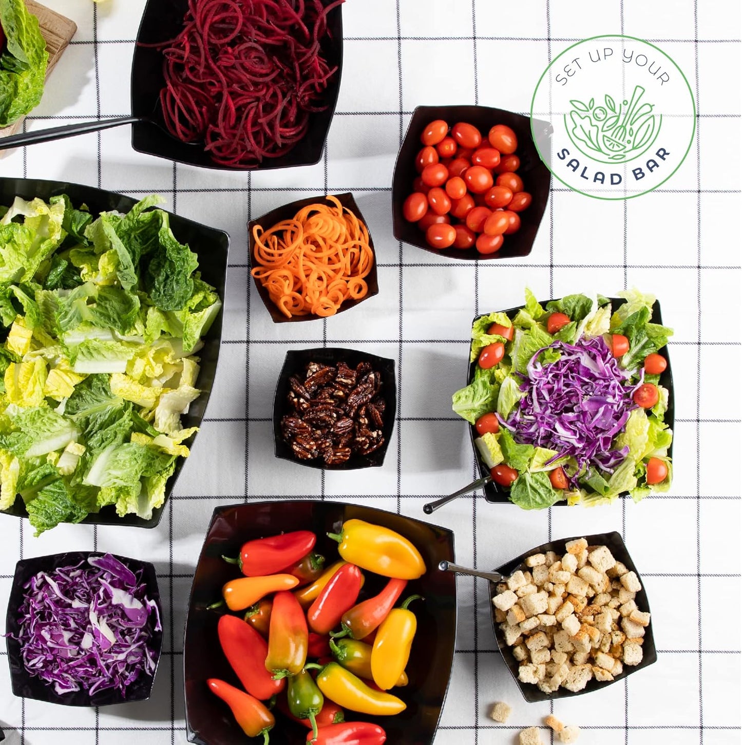 PLASTICPRO Disposable Square Serving Bowls, Party Snack or Salad Bowl, Plastic Black Pack of 4, 64 OUNCE, Black