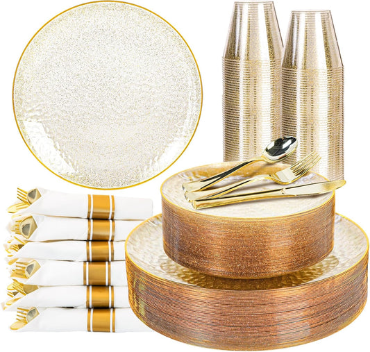 HOMIP 175 Pcs Plastic Dinnerware Set (25 Guests), Clear Party Plates Include 25 Dinner Plate, 25 Dessert Plate, 25 Cups, 25 Gold Cutlery Set And Pefect for Party and Wedding