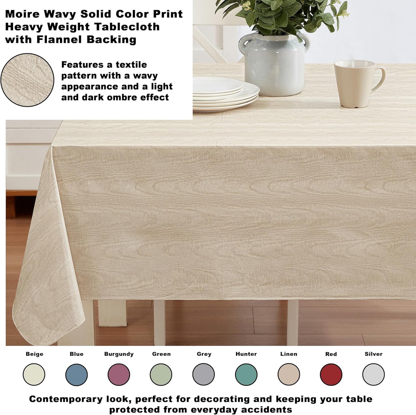 Newbridge Vinyl Flannel Backed Tablecloth, 52 x 52 Inch Square, Taupe Moire Wavy Solid Design, Heavyweight Indoor Outdoor Waterproof Table Cover, Easy Care Wipe Clean