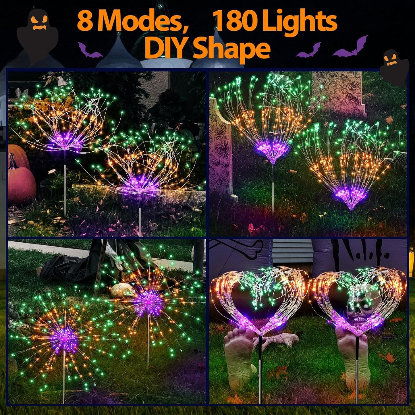4 Pack Christmas Solar Firework Lights Decorations Garden Pathway Solar Power Light Stake Waterproof Landscape Lamp with 180 LED 8 Modes for Christmas Party Decoration(Green, Orange, Purple)