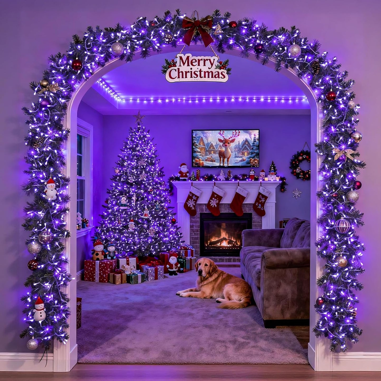 JMEXSUSS Purple Christmas Lights Indoor Outdoor Clear Wire, 66ft 200 LED Purple Lights for Christmas Tree, 8 Modes Deep-Violet String Lights Plug in for Christmas Bedroom Garden Party Xmas Decorations