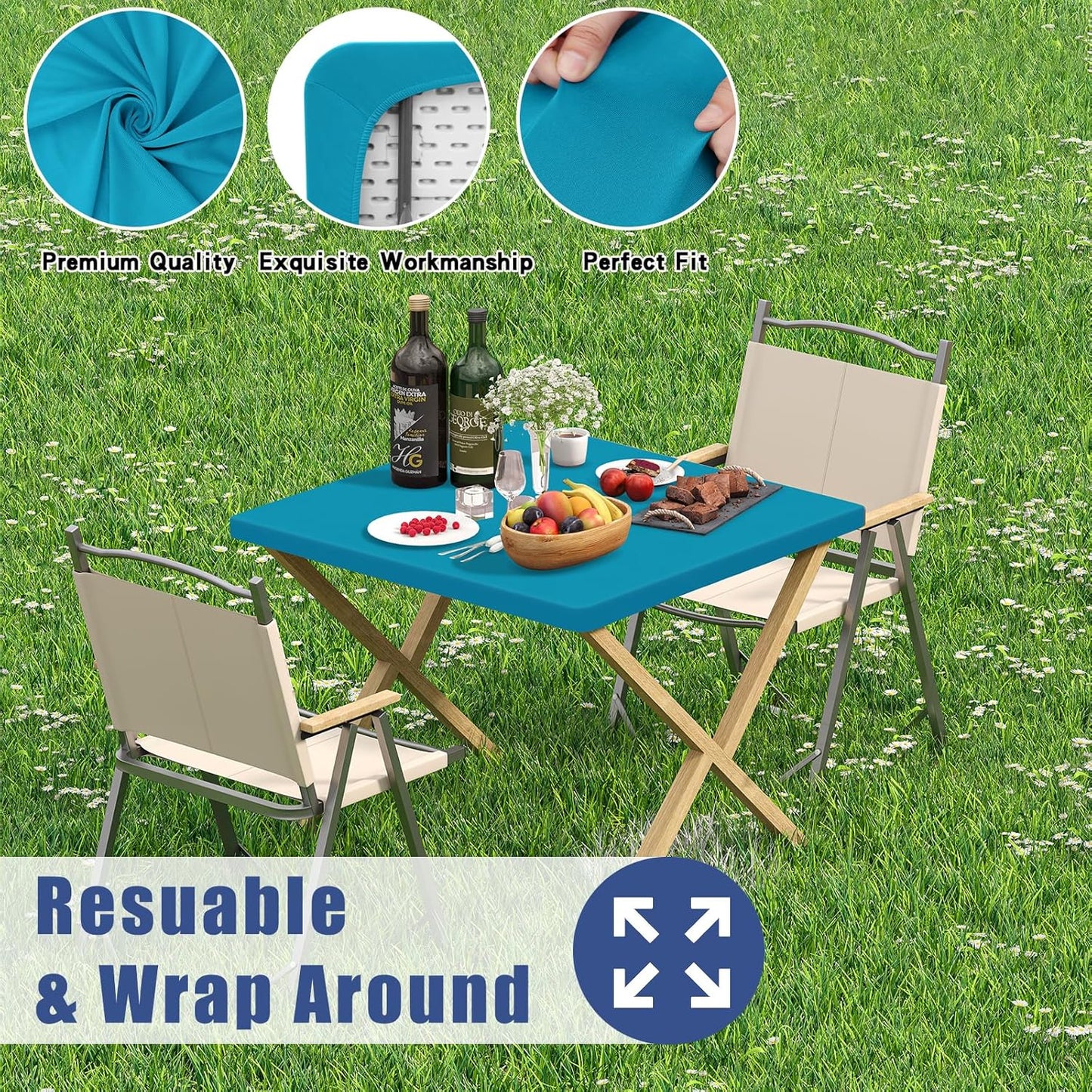 Spandex Picnic Table Cloth 2 Pack, Elastic Fitted Tablecloths for Square Tables, Stretch Washable Patio Table Cover for Outdoor, Camping, Banquet and Parties (Teal, 34"x34")