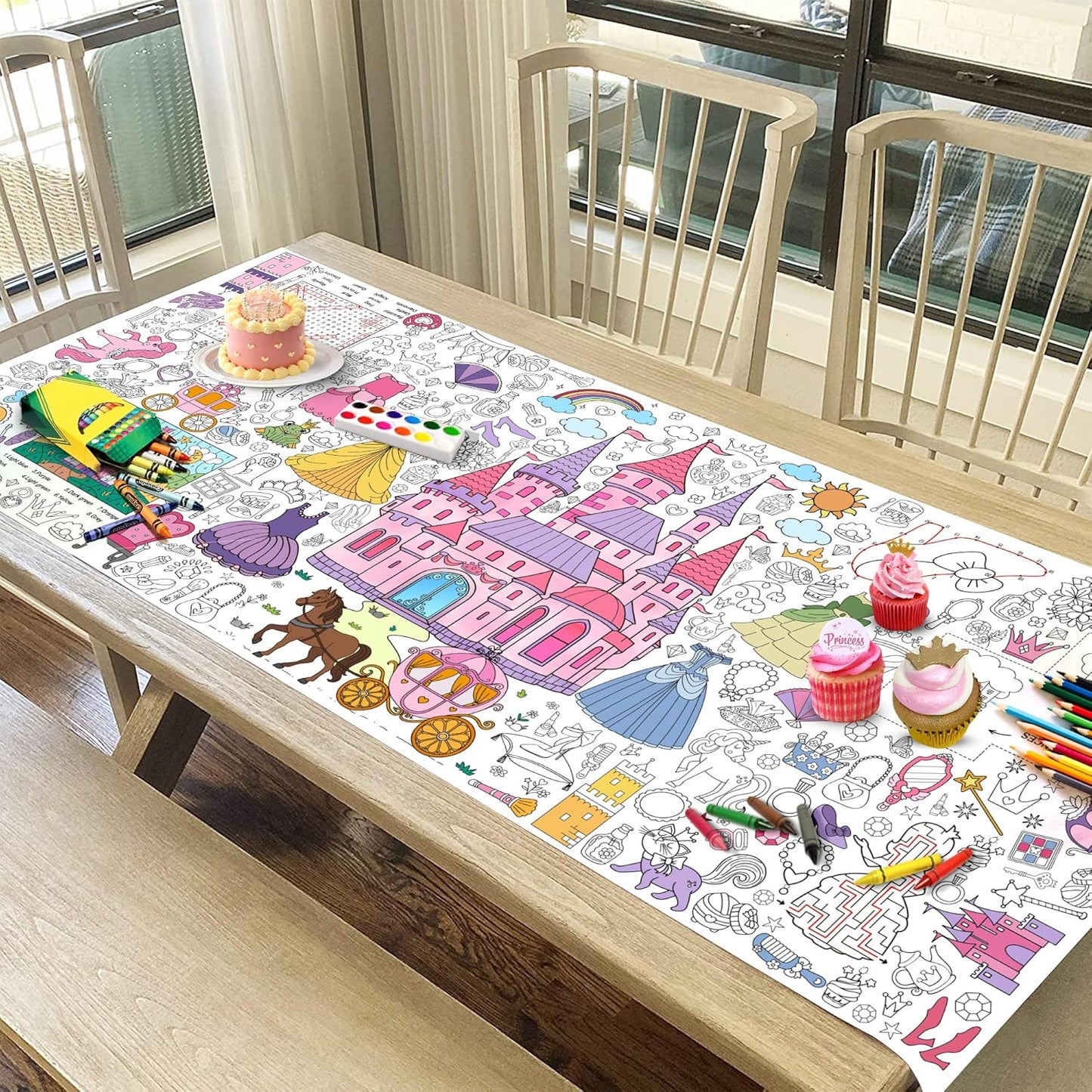 Princess Coloring Tablecloth for Kids, Giant 30x72 Inch Poster with Castles, Crowns, Fairy Tale Icons, Perfect for Girls Princess Party Games, Royal Decorations, Celebration Supplies