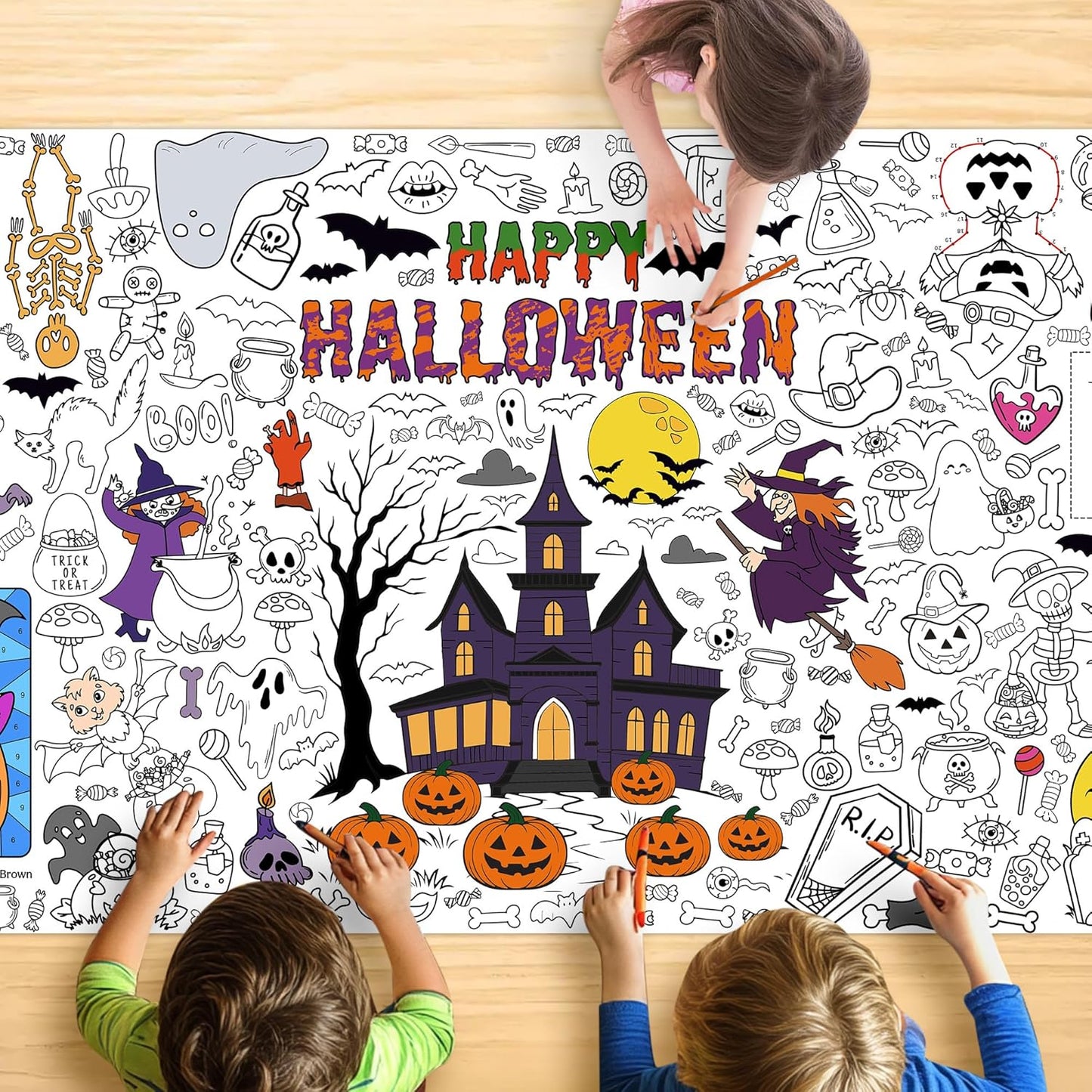 Giant Halloween Coloring Tablecloth for Kids, Large 30x72 Inch Poster with Haunted House, Pumpkins, Ghosts, Bats, Arts Crafts Games Indoor Activities for Halloween Party, Classroom Fun