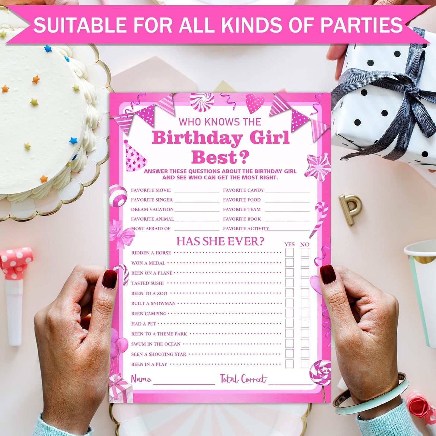 Birthday Party Games Card, Who Knows The Birthday Girl Best, Girls Sleepover Party Supplies for The Girls Card Game, 5x7 Inch Set of 25 Game Cards (Pink, Double-Sided) - A03