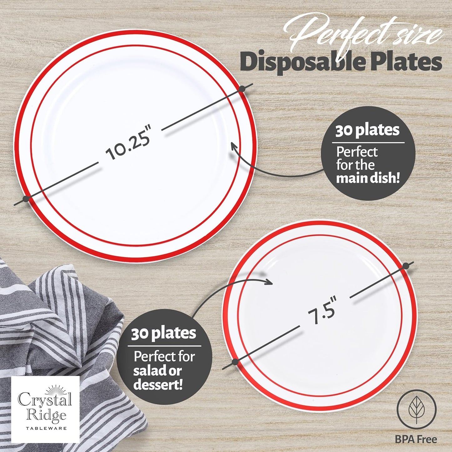 60 Pieces White Plastic Disposable Plates - Premium Heavy-Duty 30 Dinner Plates & 30 Salad Plates with Red Rim Ideal for Party, Birthday and Special Events