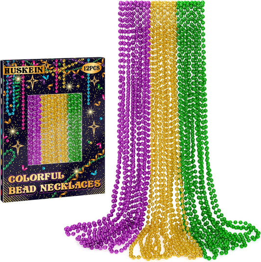 12 PCS Mardi Gras Beads Necklaces, 33" 3 Colors Beads Accessories Bulk, Carnival Purple Green Gold Party Supplies, Carnival Beads Necklace Accessories for Masquerade Holiday Party Favors Decorations
