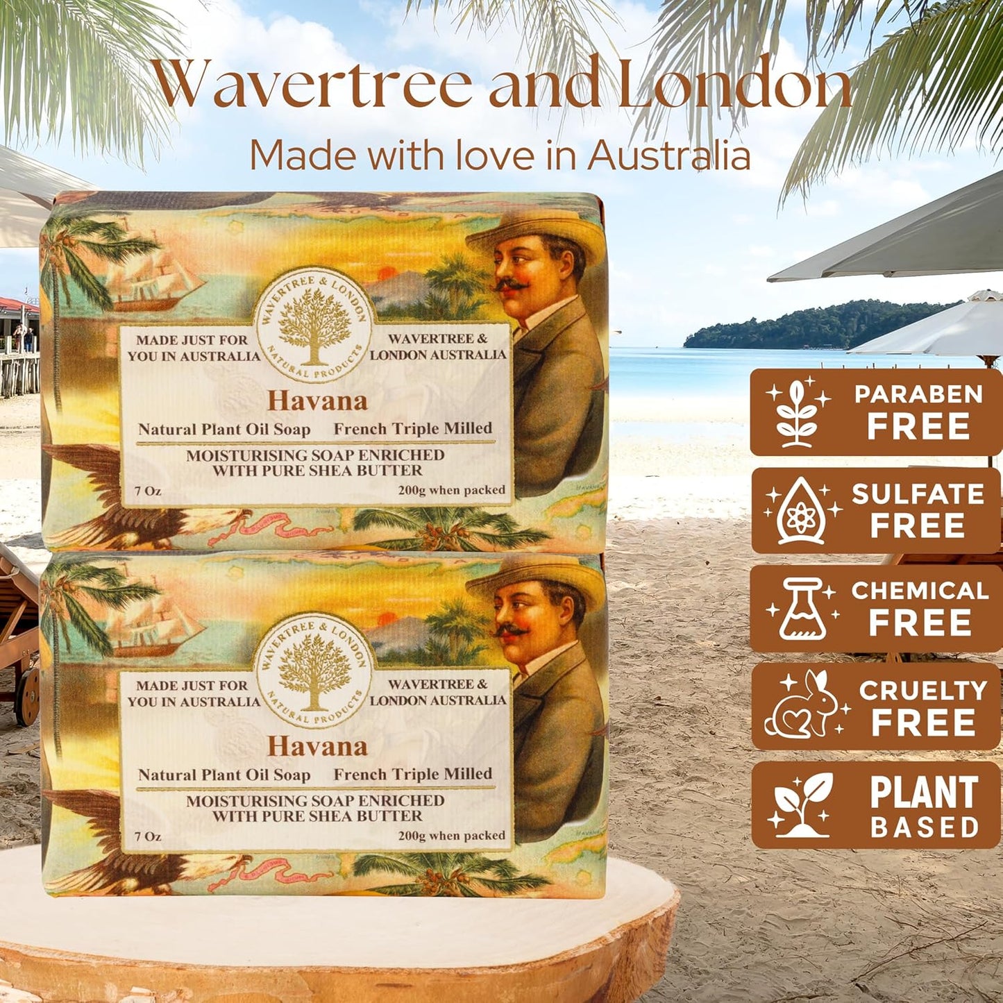 Wavertree & London Havana Scented Natural Soap (2 Bars), 7oz Moisturizing French Triple Milled Soap Bars enriched with shea butter - Pure Plant Based Bath & Body Bars for All Skin Types
