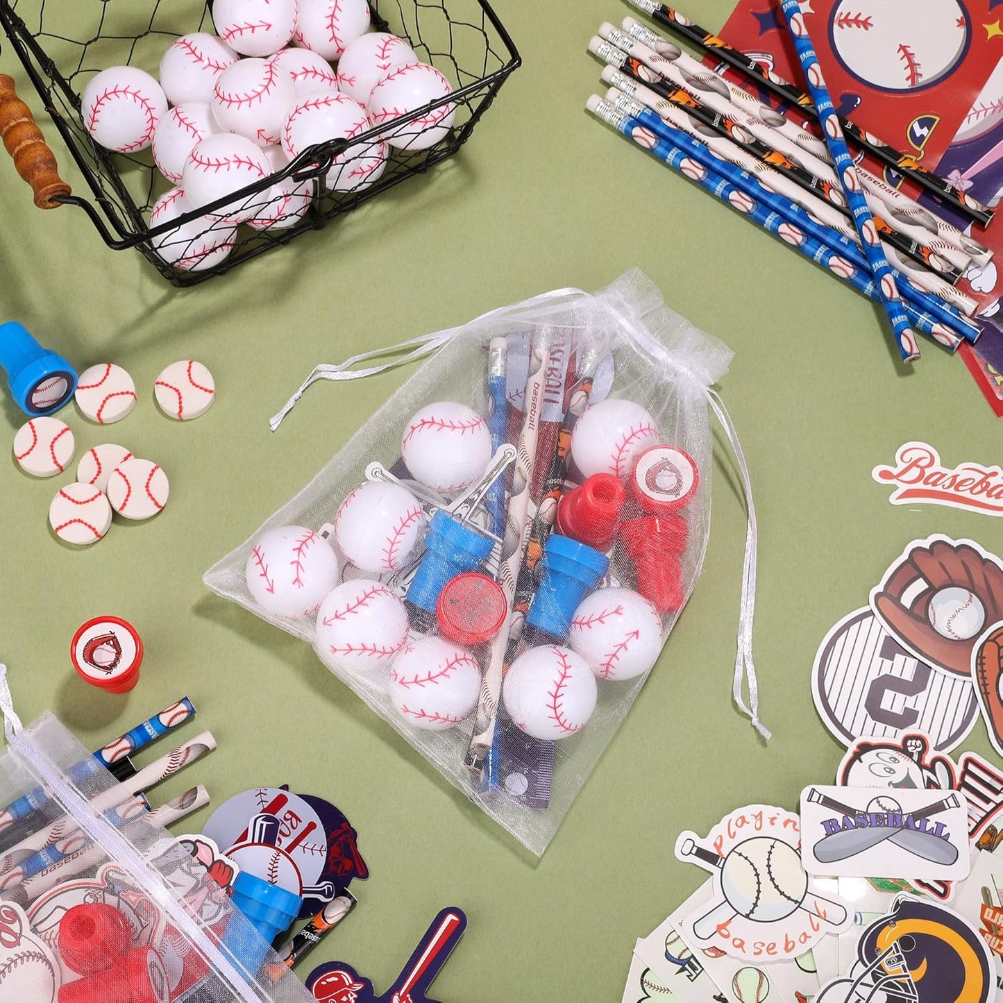 Aneco 340 Piece Baseball Party Favor Set Baseball Goodie Bag Stuffers Mini Card Pencil Sharpener Eraser Stamp Slap Bracelet Sticker School Stationery Bulk for Sport Party Team Game Prize Birthday Gift