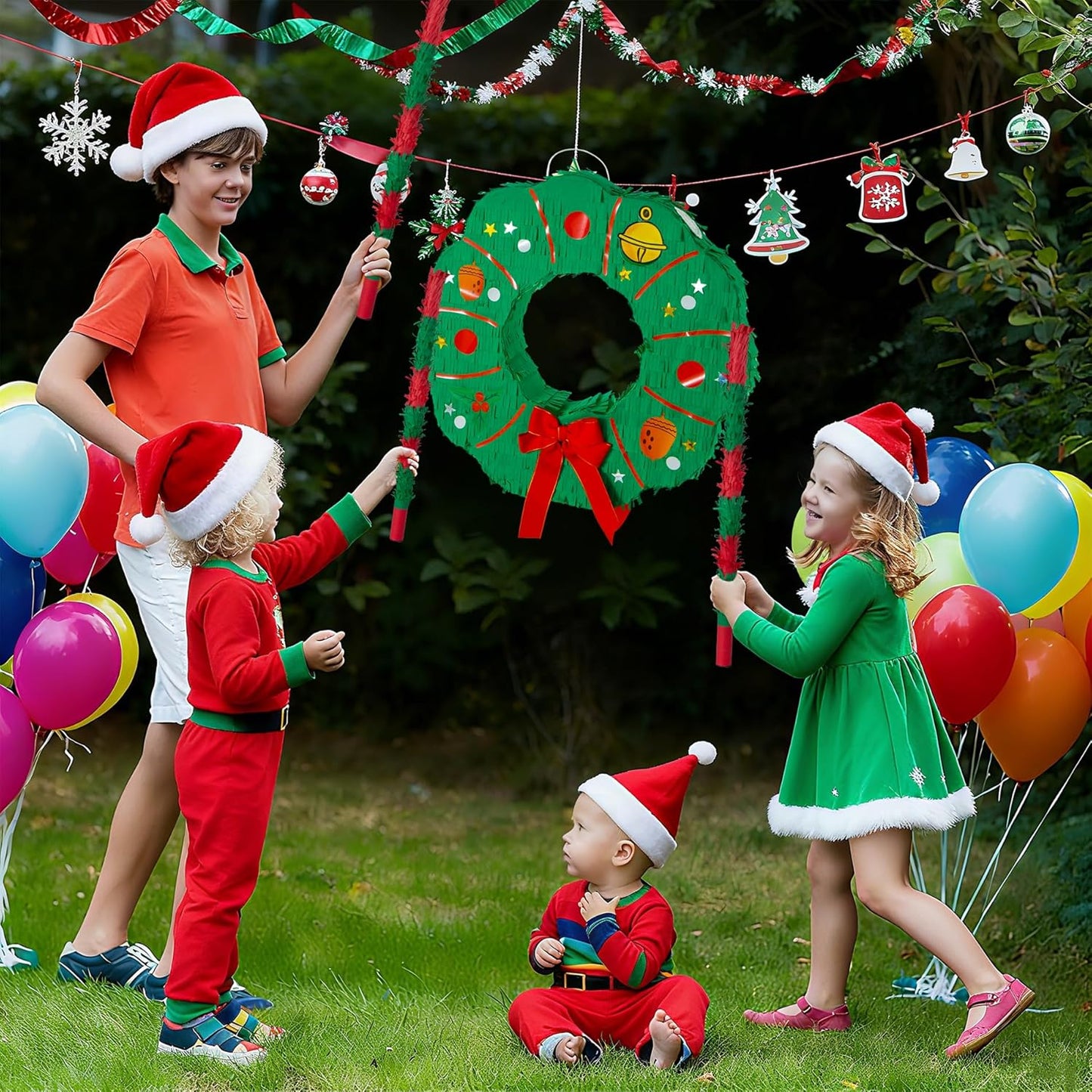 PCFING 18 Inch Christmas Wreath Piñata with 30 Inch Piñata Stick Blindfold Confetti for Boy Girl Adults Xmas Party Game Decorations