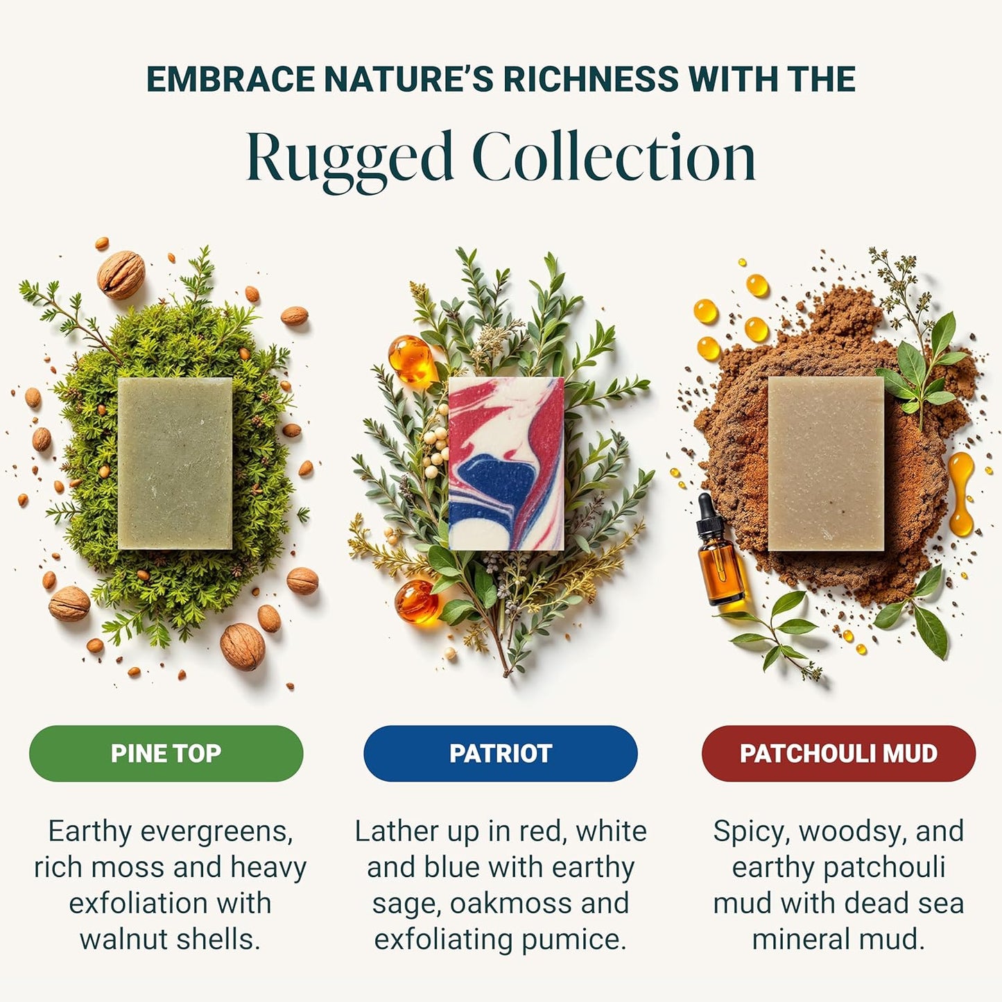 The Bubble Factory Handmade Natural Bath & Body Soap Bar, Vegan, All-Natural, Palm Oil Free, Made in USA with Shea Butter + Essential Oils, Patriot/Patchouli Mud/Pine Top