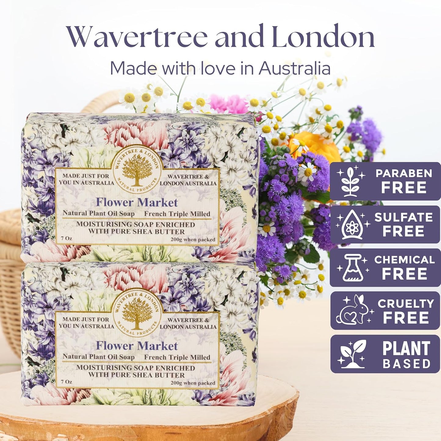 Wavertree & London Flower Market Scented Natural Soap (2 Bars), 7oz Moisturizing French Triple Milled Soap Bars enriched with shea butter - Pure Plant Based Bath & Body Bars for All Skin Types