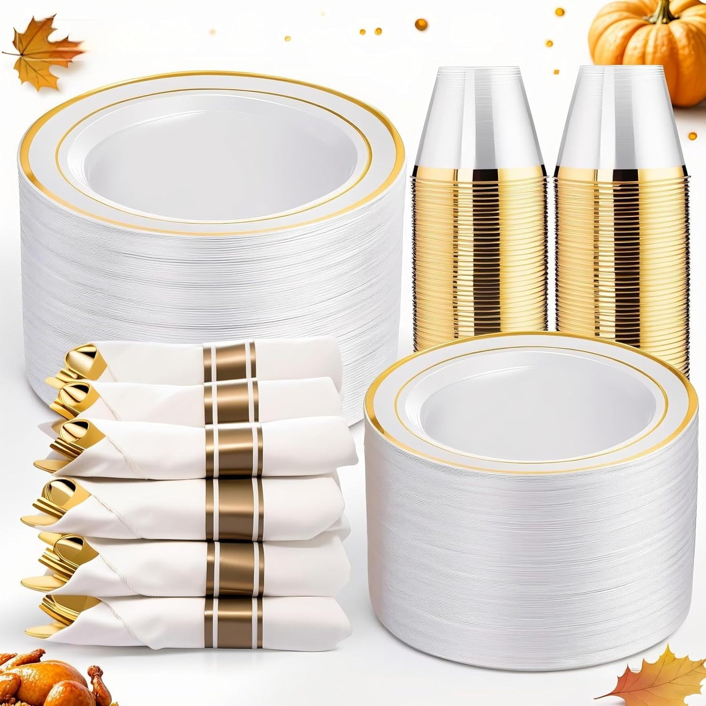WELLIFE 350Pcs Gold Plastic Plates for 50 Guests - Plastic Dinnerware Set, Includes 100 Party Plates,150 Gold Silverware Disposable,50 Napkins,50 Cups,Disposable Plates for Party and Thanksgiving