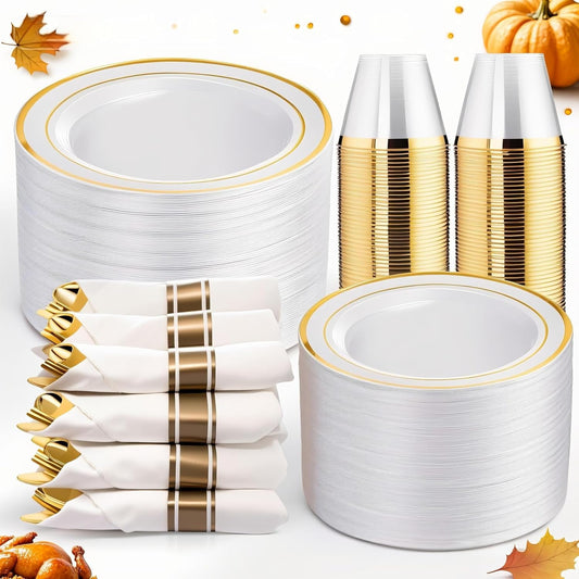 WELLIFE 350Pcs Gold Plastic Plates for 50 Guests - Plastic Dinnerware Set, Includes 100 Party Plates,150 Gold Silverware Disposable,50 Napkins,50 Cups,Disposable Plates for Party and Thanksgiving