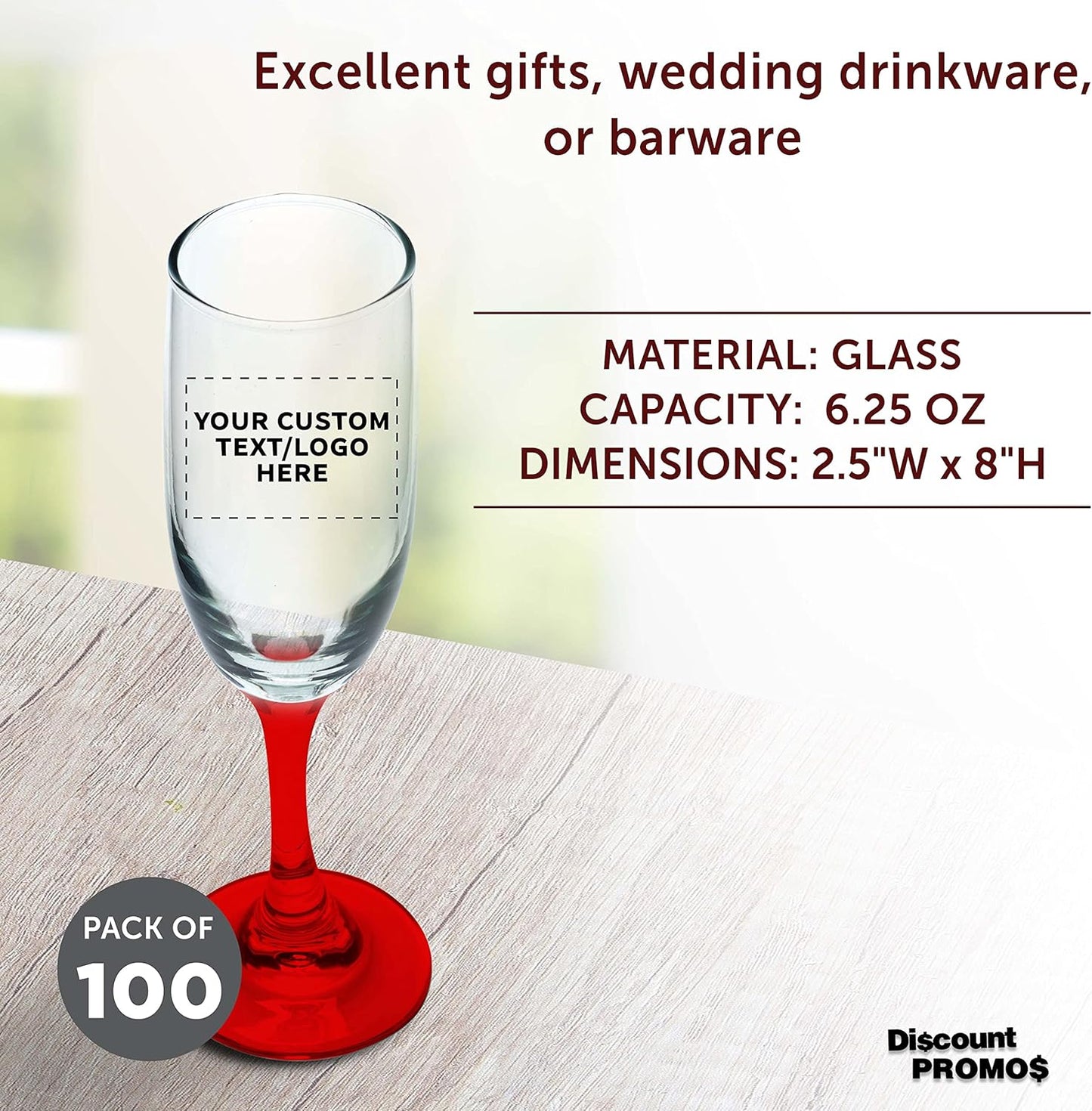 DISCOUNT PROMOS Custom Premiere Champagne Flutes 6.25 oz. Set of 100, Personalized Bulk Pack - Elegant Drinkware for Weddings, Events, & Promotional Gifts - Red