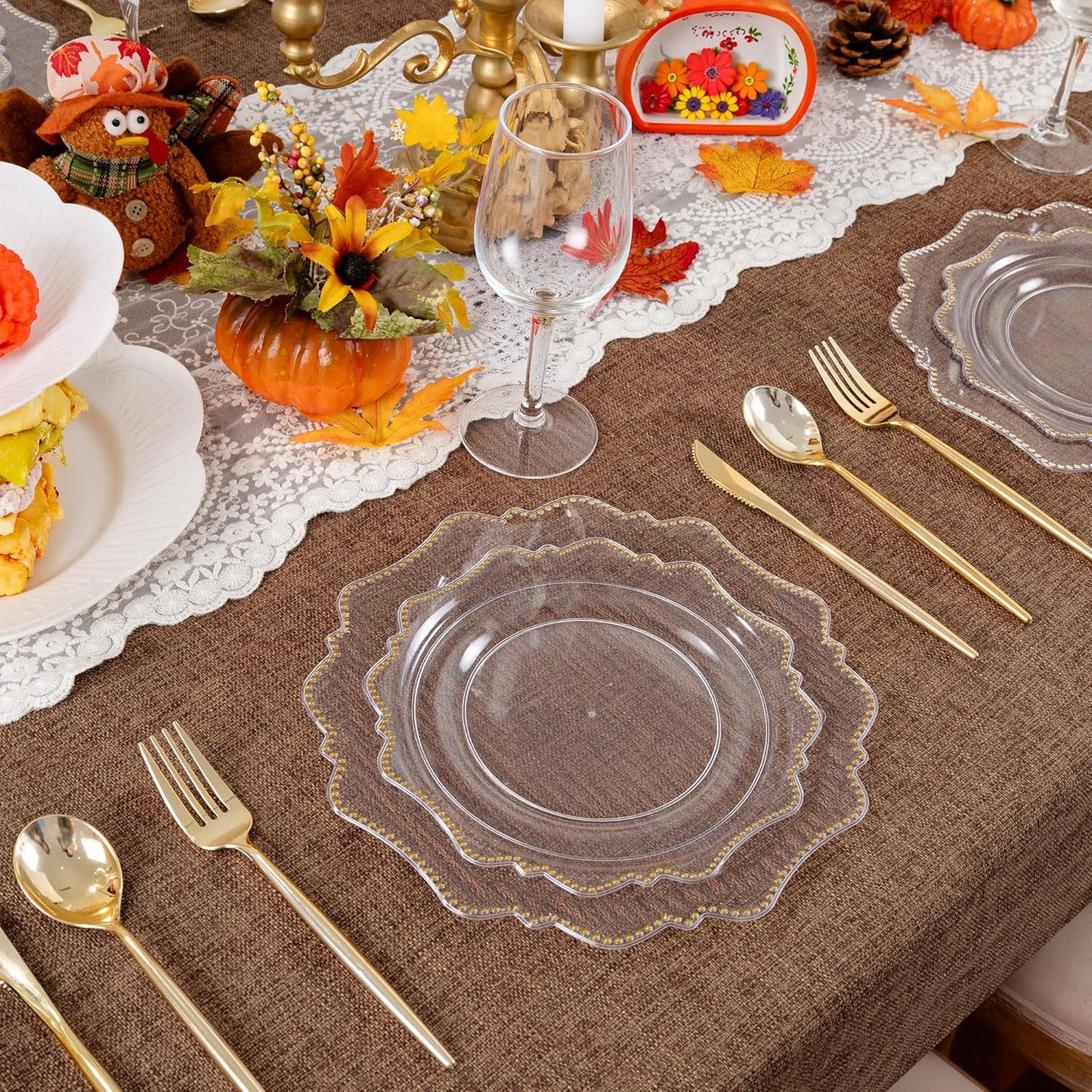 COLOSUS 100pcs Clear and Gold Plastic Plates Disposable Heavy duty Plastic Party Plates set Include 50 dinner plate and 50 dessert/salad plate for party/wedding