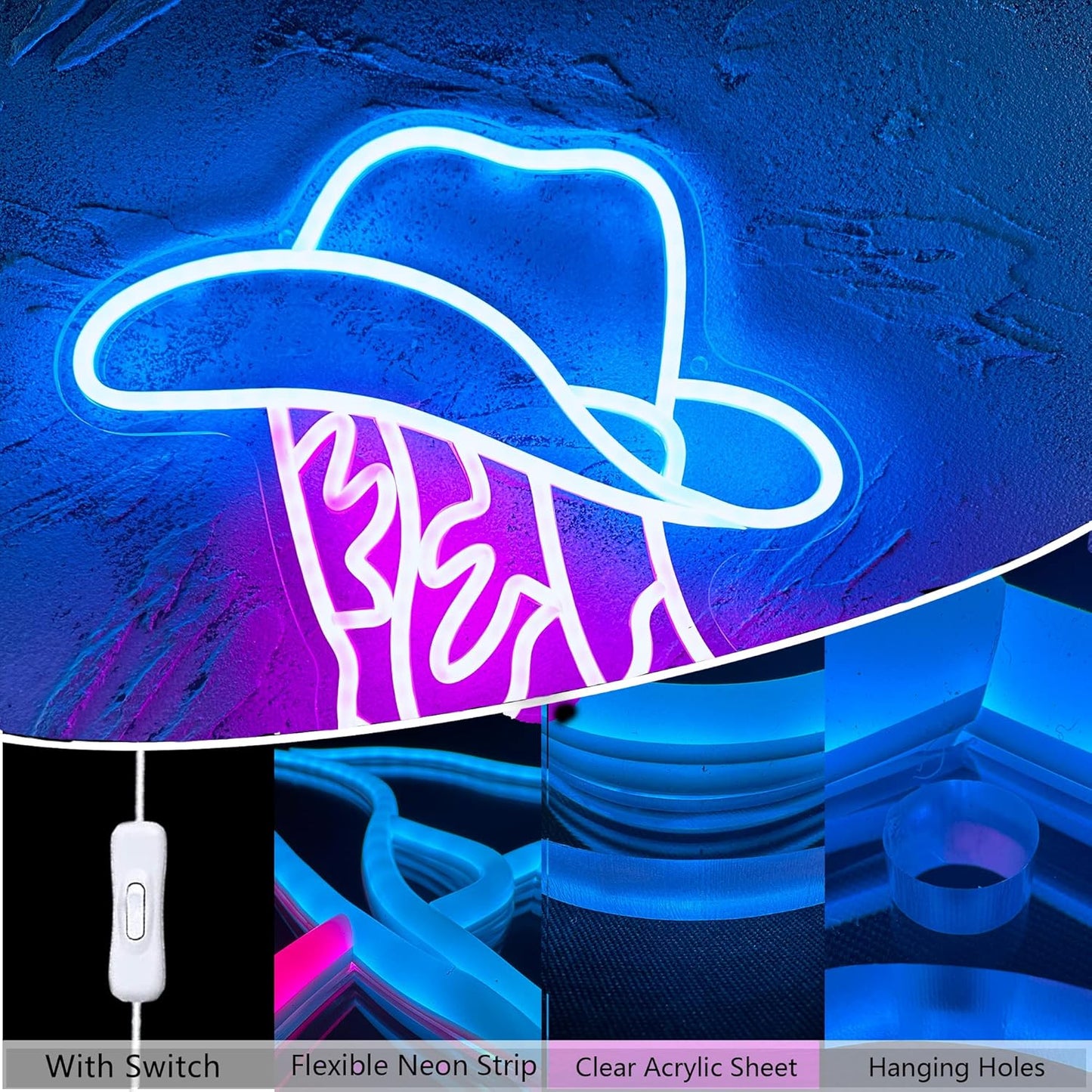 Cowboy Boot and Hat LED Neon Sign,Western Country Wall Decor for Bar, Man Cave, Garage,Pink White Aesthetic Rodeo Neon Light, Unique Christmas Birthday Gifts(13x15 in)