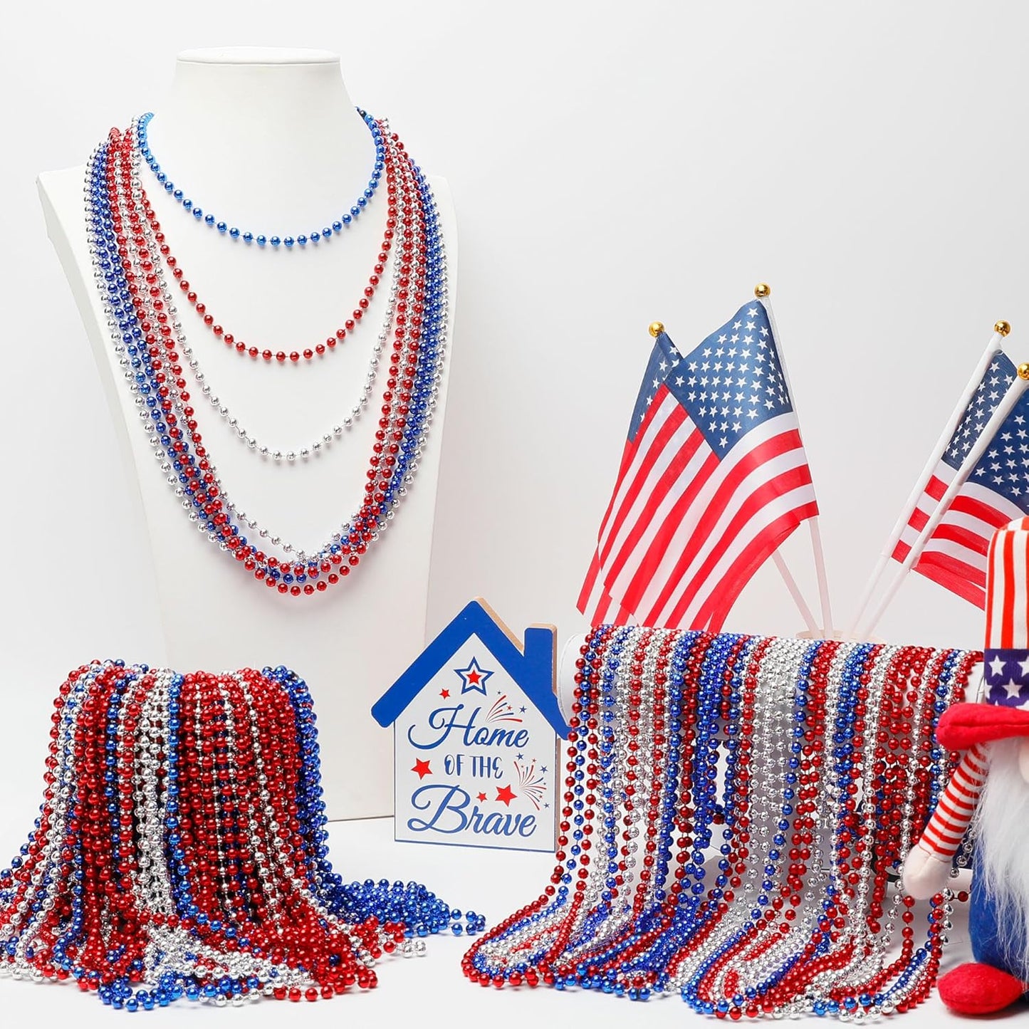 200 PCS Beads Necklace, 33" Metallic Patriotic Necklace, Red Blue Silver Fourth of July Beads Accessories Party Supplies for Adult Kids 4th of July Independence Day Memorial Day Veterans Day