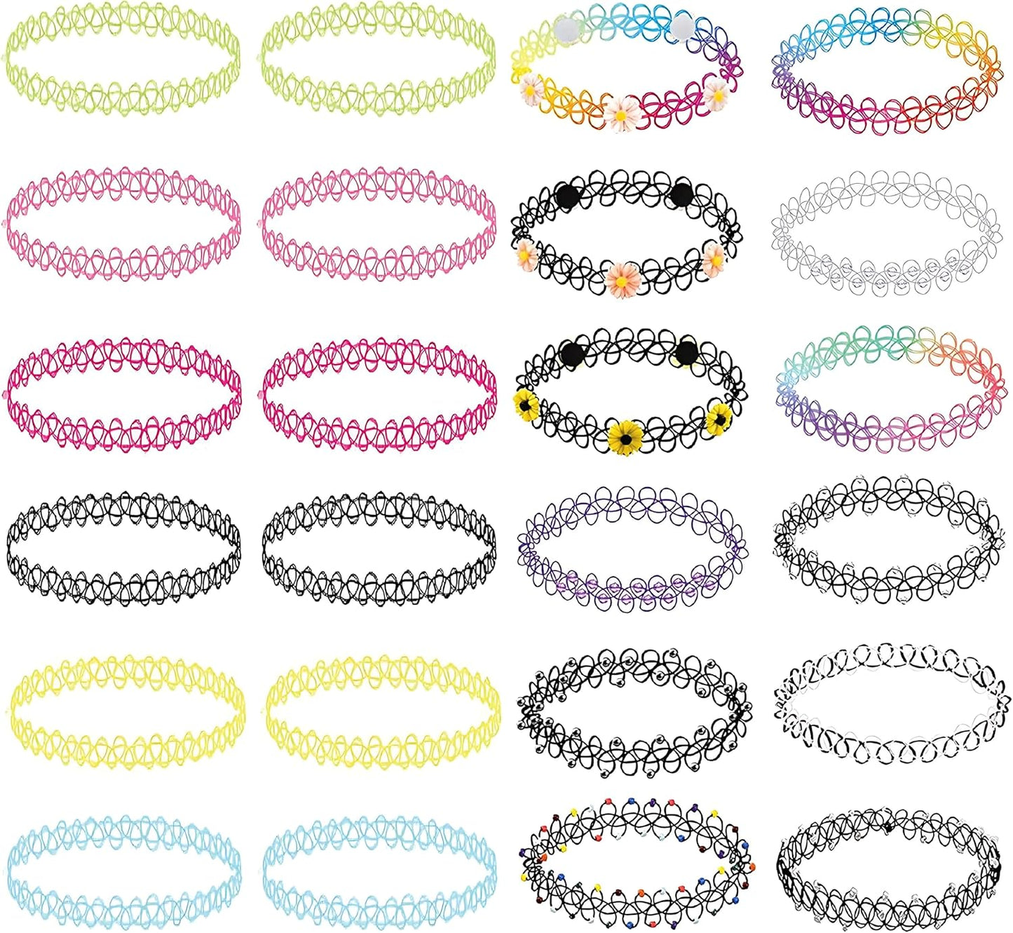 BodyJ4You 24PC Tattoo Choker Necklace - 90s Choker Necklaces Y2K Fashion Trendy Vintage - Daisy Flower Charm Colorful Rainbow Black Goth Pendant - Stretchy Elastic Necklace Summer Gift Set