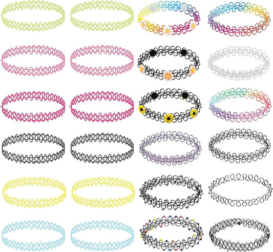 BodyJ4You 24PC Tattoo Choker Necklace - 90s Choker Necklaces Y2K Fashion Trendy Vintage - Daisy Flower Charm Colorful Rainbow Black Goth Pendant - Stretchy Elastic Necklace Summer Gift Set