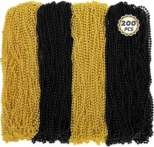 200 PCS Beaded Necklace, 33" Mardi Gras Beads, Black Gold New Year Party Supplies, Mardi Gras Accessories, Bead Necklace Parade Throws Bulk for Festival Event Christmas Pirate Party Supplies