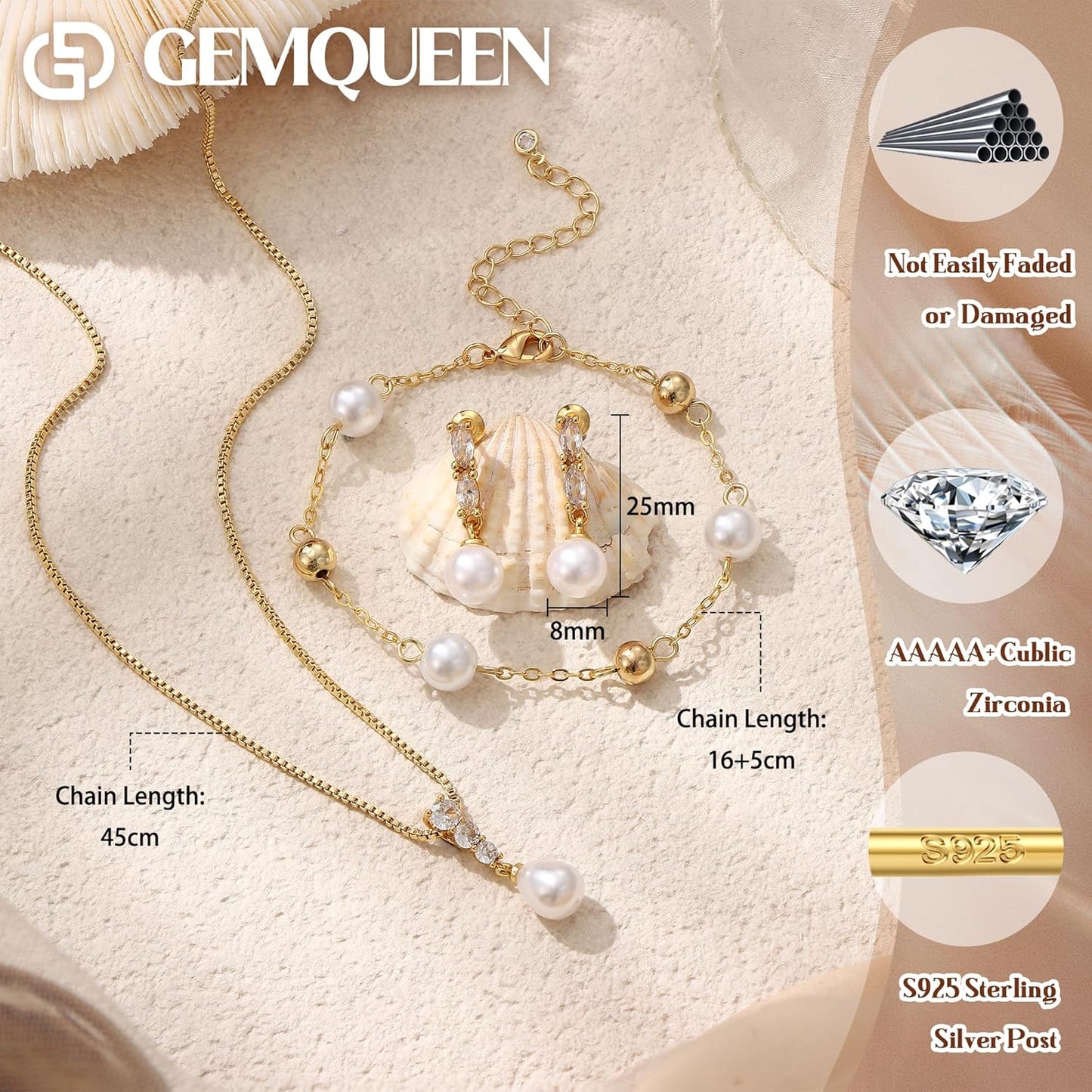 14K Gold Plated Pearl Jewelry Set for Women - 925 Sterling Silver Post Dangle Earrings Dainty Pearl Necklace Bracelet Wedding Jewelry Sets for Bride Bridesmaid CZ Costume Accessories Trendy