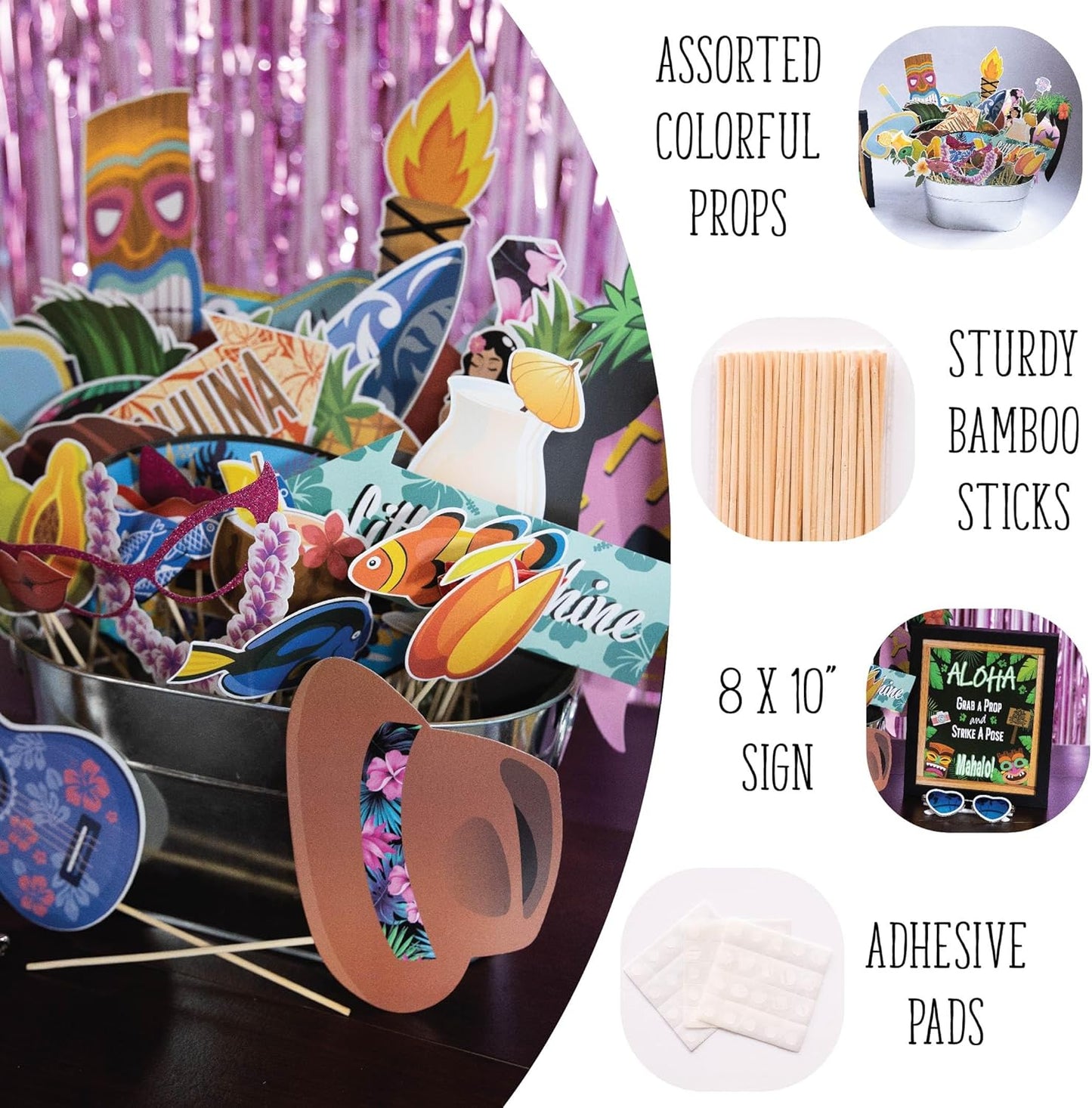 Hawaiian Photo Booth Props - 41-pc Luau Photo Props Kit with 8 x 10-Inch Sign, 60 Glue Dots, 45 Sticks - Vacation Props - Photo Booth Props Summer