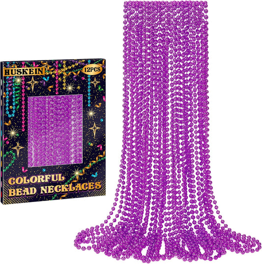 12 PCS Purple Mardi Gras Beads, 33" Mardi Gras Beads Bulk, Purple Bead Necklace, Mardi Gras Throws Accessory Set, Round Beads Necklaces for Mardi Gras Carnival Celebrations