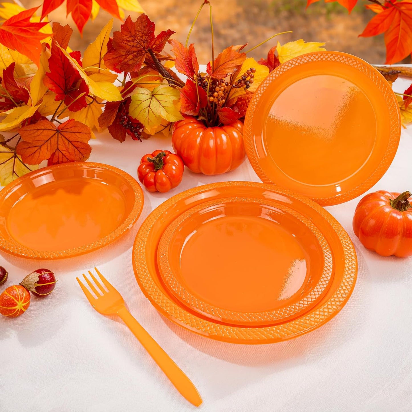 MirthMood 350PCS Orange Plastic Plates,Orange Disposable Plates Set– Plastic Plates Set Includes 50 Dinner,50 Dessert Plate,50 Cup&50 Napkins, 50 orange Silverware for Wedding & Birthday Parties