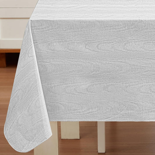 Newbridge Vinyl Flannel Backed Tablecloth, 52 x 52 Inch Square, Silvery White Moire Wavy Solid Design, Heavyweight Indoor Outdoor Waterproof Table Cover, Easy Care Wipe Clean