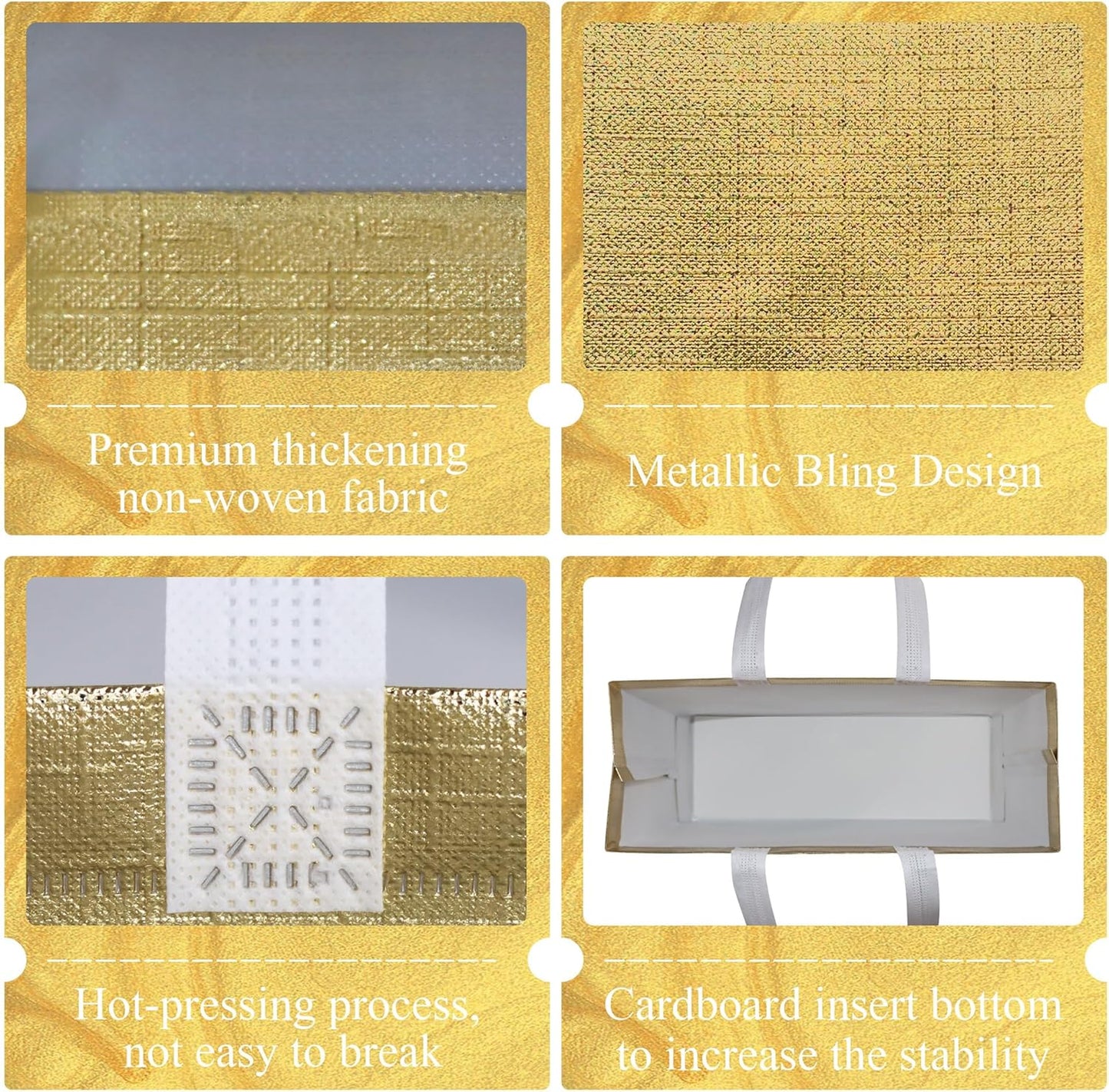 cabzymx 25 Pcs Gold Reusable Gift Bags with Metallic Design, Non-woven Gift Bag Bulk with Handles, Glossy Party Bags for Wrapping Gifts, Birthday, Wedding, Parties, Graduation-12.6x4.7x11 In