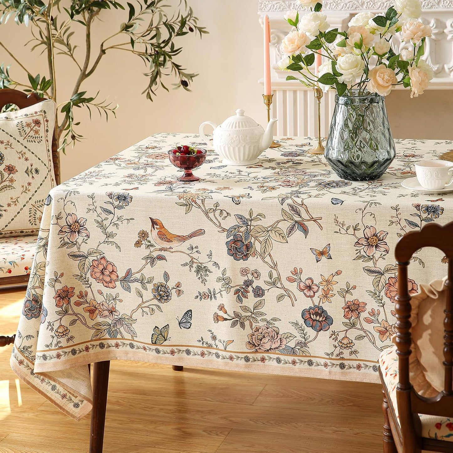 ISAENNE Designer French Light Beige Tablecloth Rectangular,Linen Florals and Birds Pattern Table Cloth,Anti-Wrinkle Decorative Tablecloths for Dining Thanksgiving Kitchen,55"*87"-Cornucopia