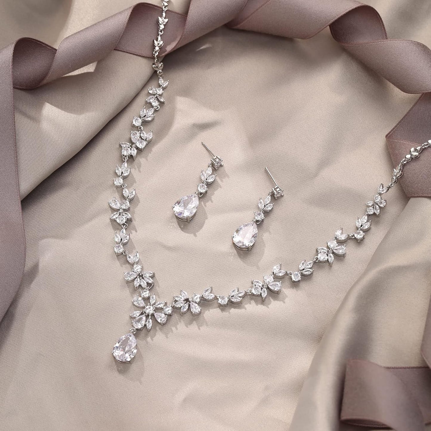 EVER FAITH Bridal Jewelry Set for Bride Bridesmaid, Flower Leaf Teardrop Cubic Zirconia Necklace Dangle Earrings Bracelet Sets Wedding Party for Women