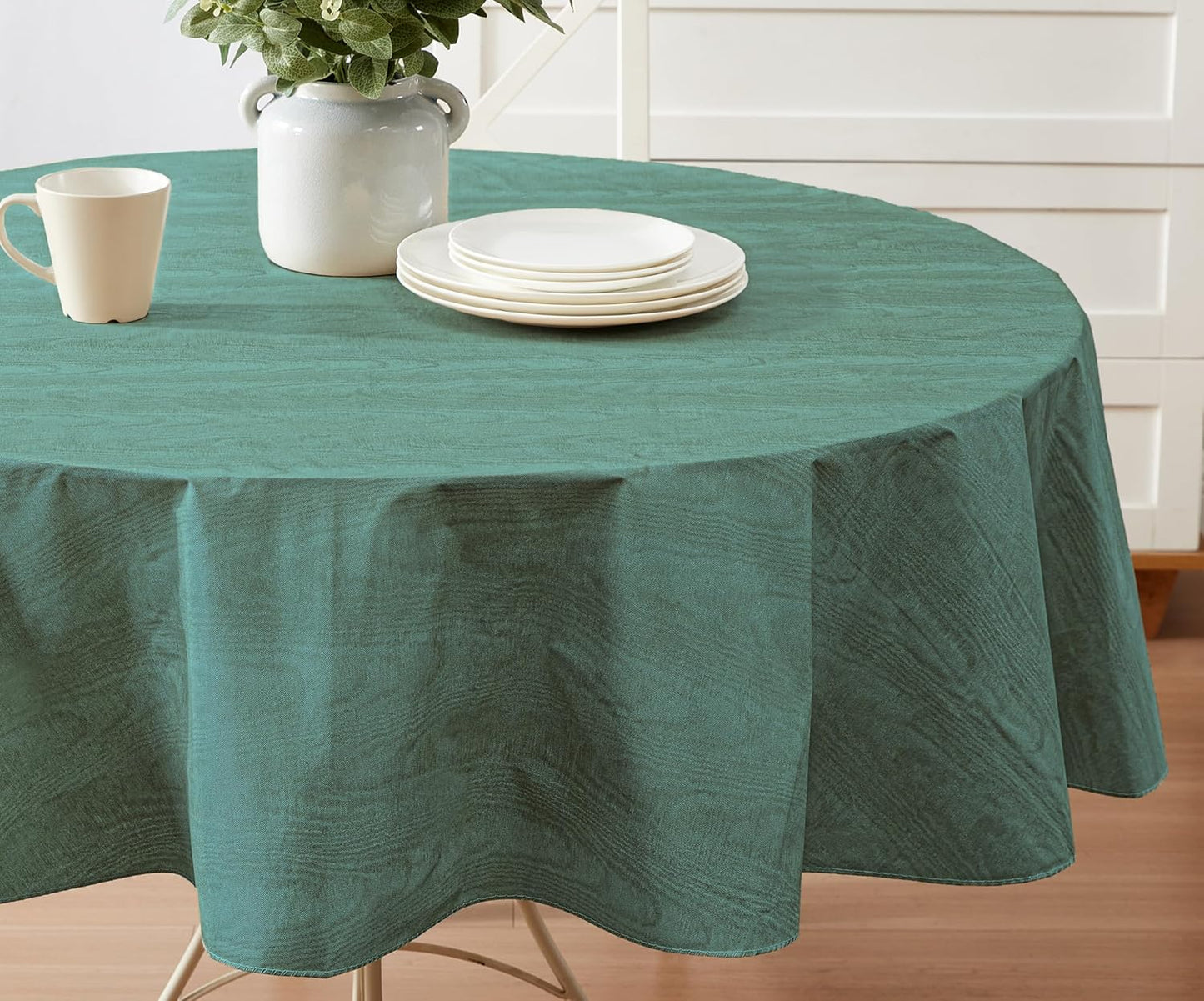 Newbridge Vinyl Flannel Backed Tablecloth, 60 x 84 Inch Oval, Hunter Green Moire Wavy Solid Design, Heavyweight Indoor Outdoor Waterproof Table Cover, Easy Care Wipe Clean
